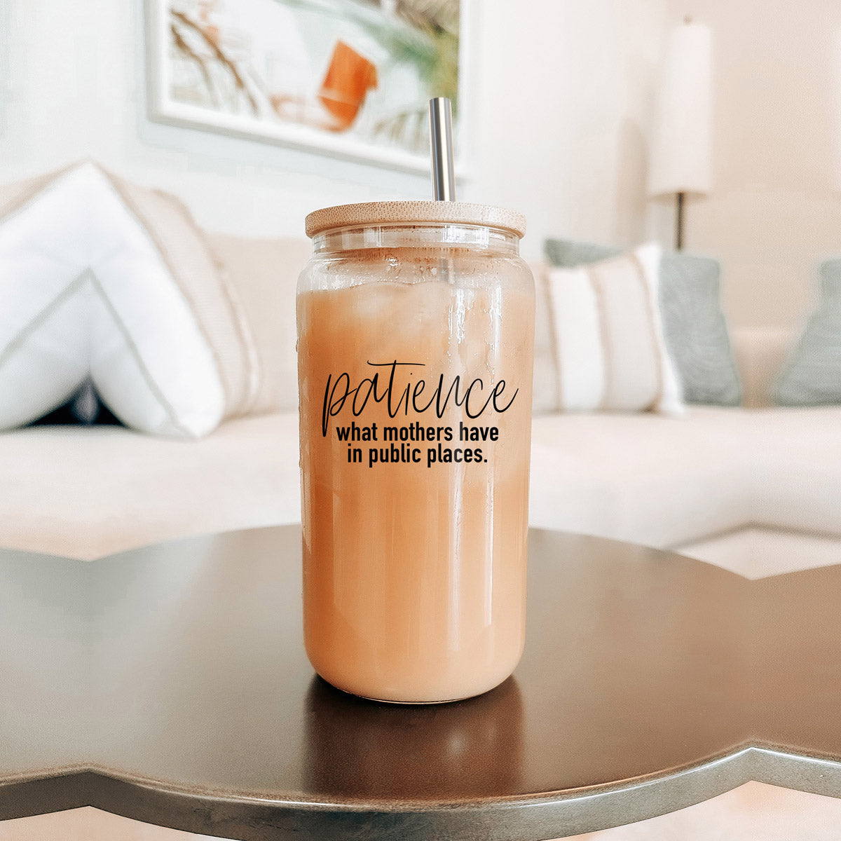 Patience in Public Set featuring a glass cup with bamboo lid, stainless steel straws, and a straw cleaner, showcasing its elegant design and functionality.