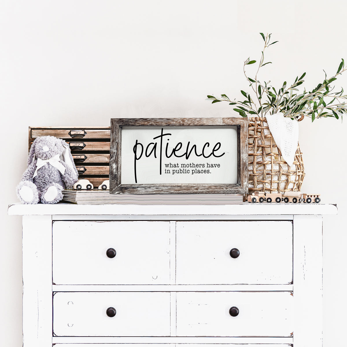 A humorous wooden Patience Sign featuring a witty message, crafted from durable Paulownia wood, perfect for mothers.