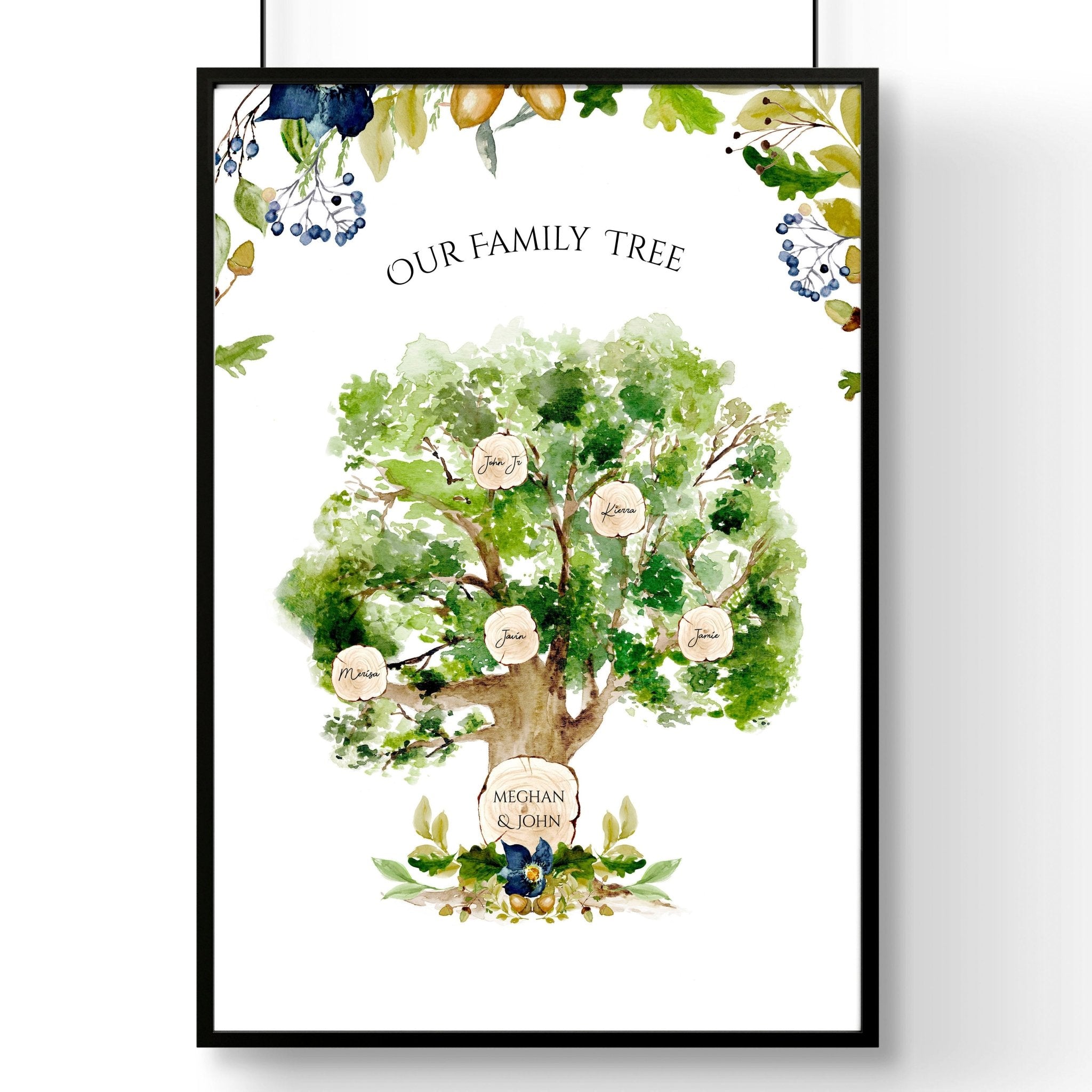 Personalised Family Tree Wall Art Print showcasing names of family members in a beautiful design, perfect for home decor.