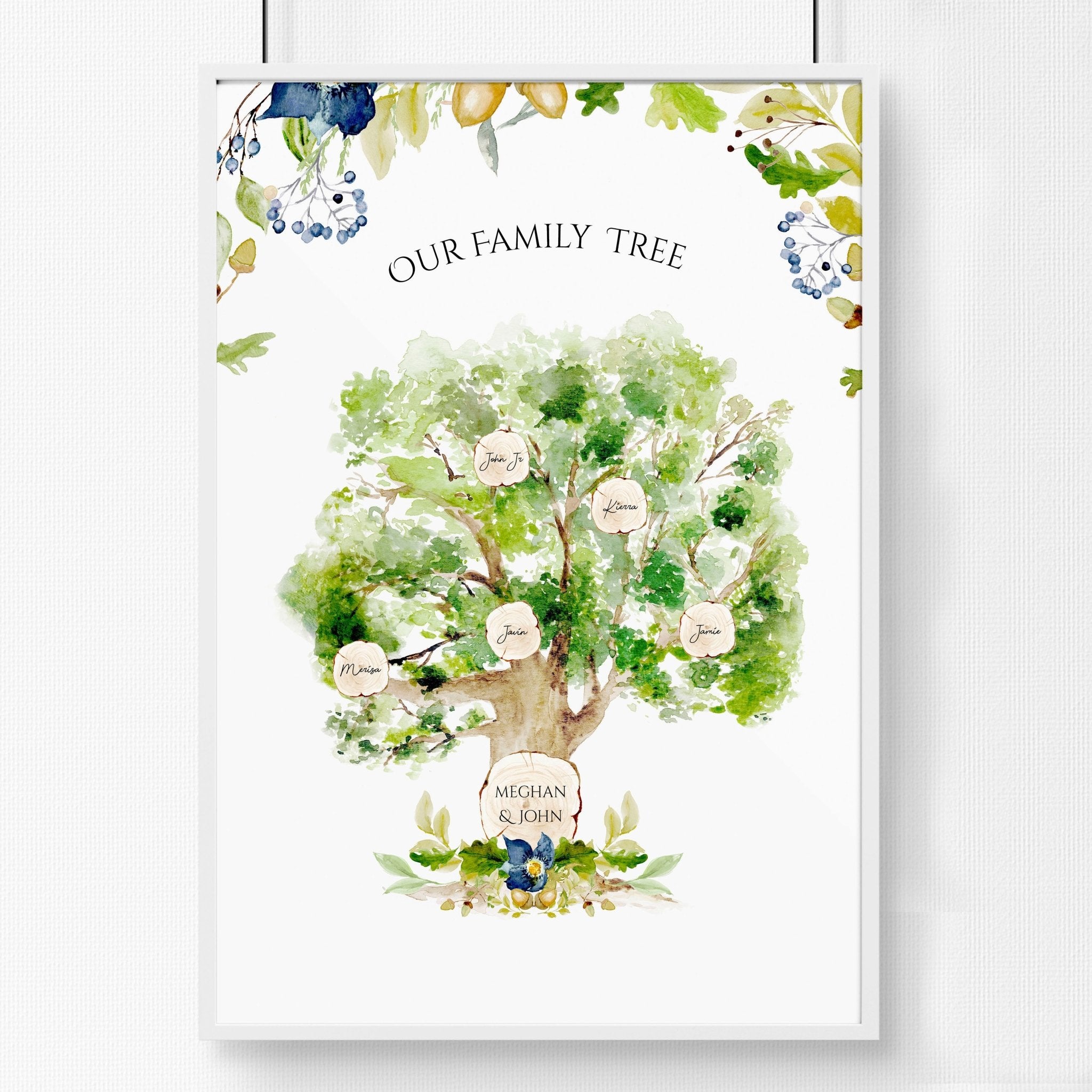 Personalised Family Tree Wall Art Print showcasing names of family members in a beautiful design, perfect for home decor.