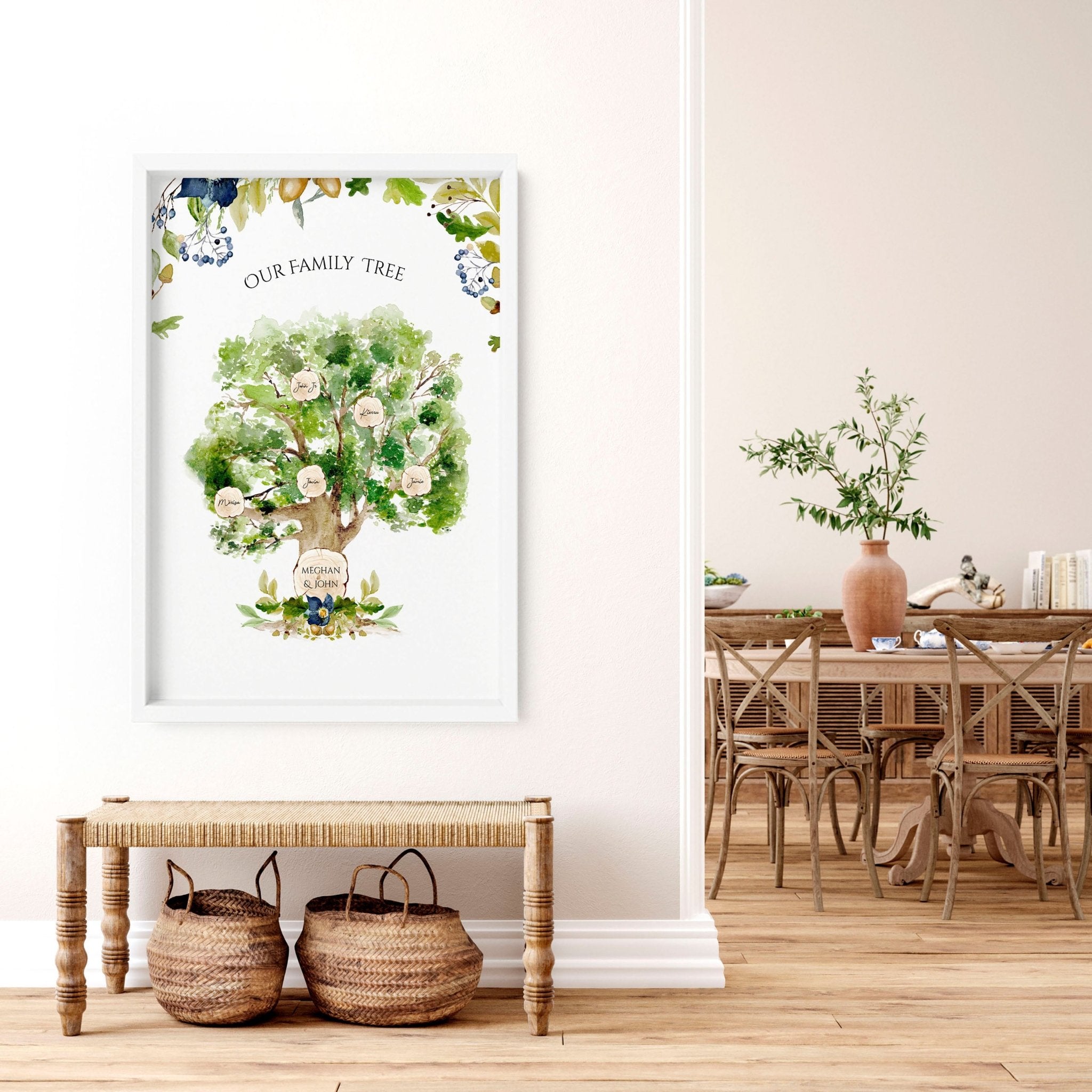 Personalised Family Tree Wall Art Print showcasing names of family members in a beautiful design, perfect for home decor.