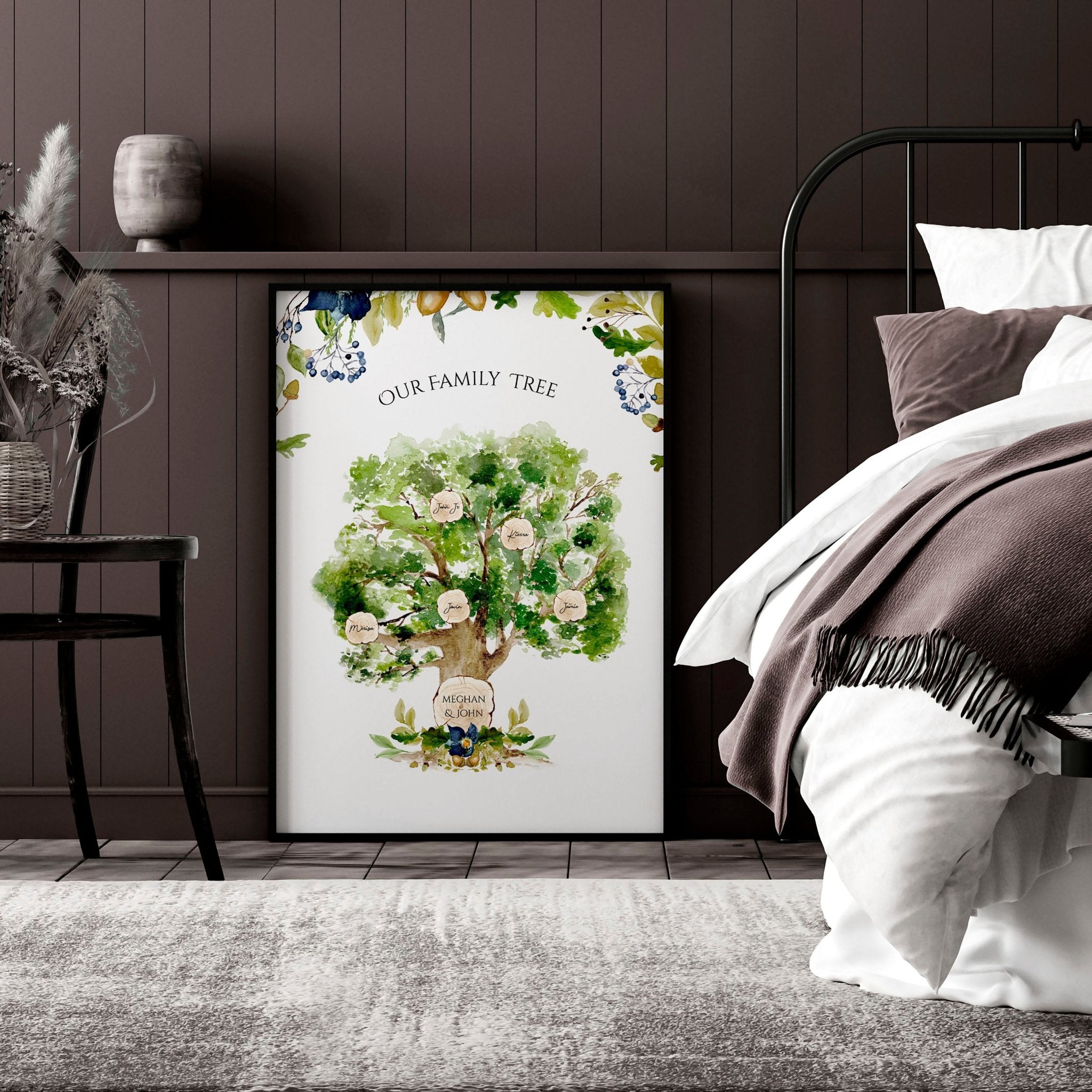 Personalised Family Tree Wall Art Print showcasing names of family members in a beautiful design, perfect for home decor.