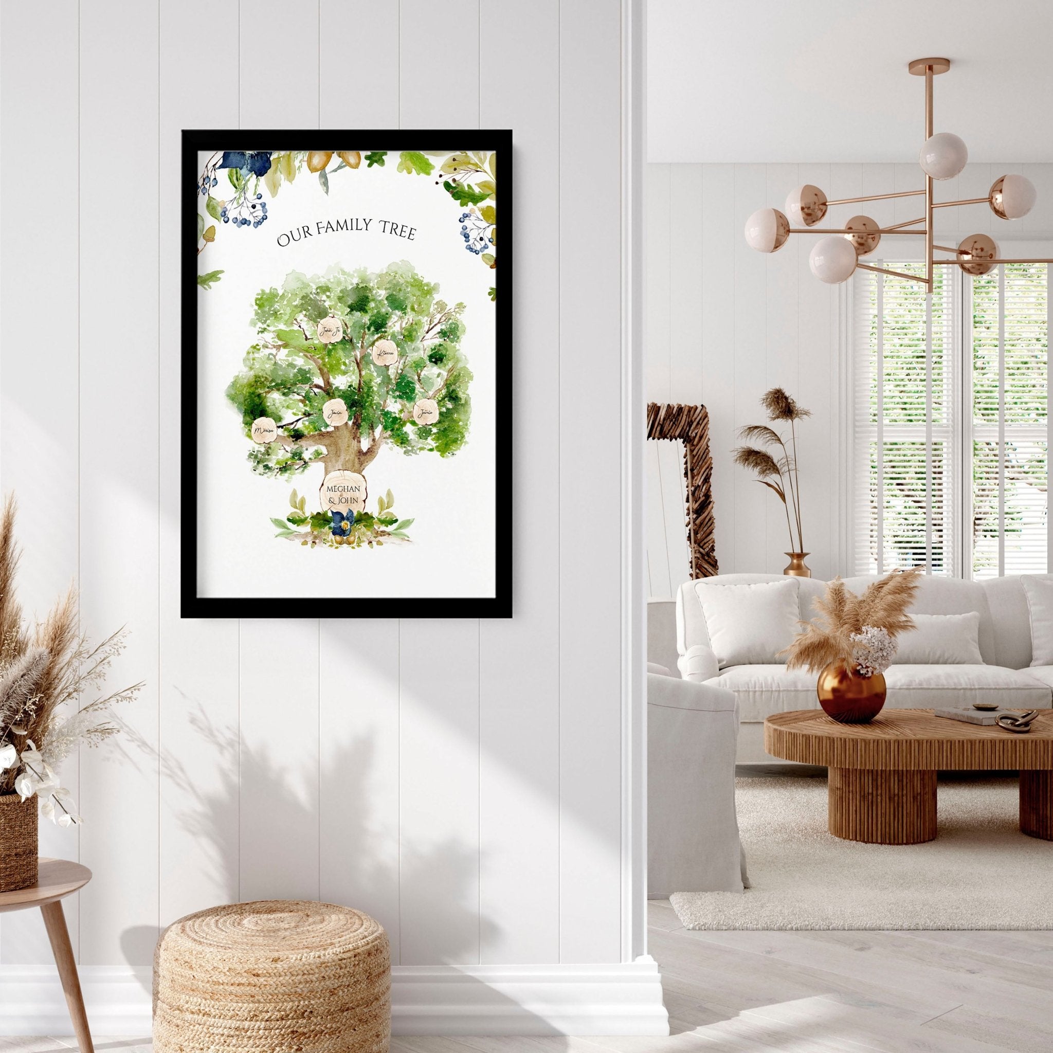 Personalised Family Tree Wall Art Print showcasing names of family members in a beautiful design, perfect for home decor.