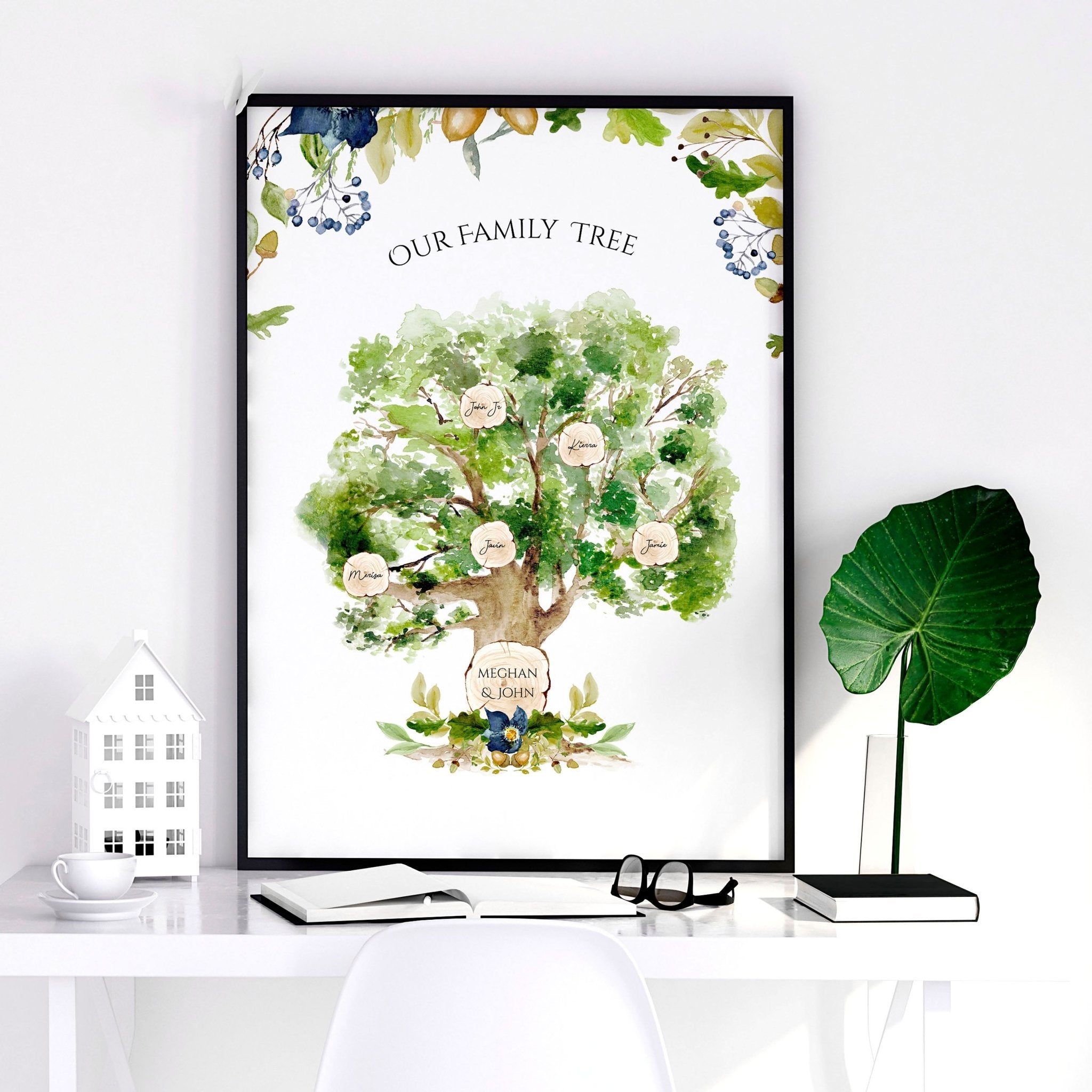 Personalised Family Tree Wall Art Print showcasing names of family members in a beautiful design, perfect for home decor.