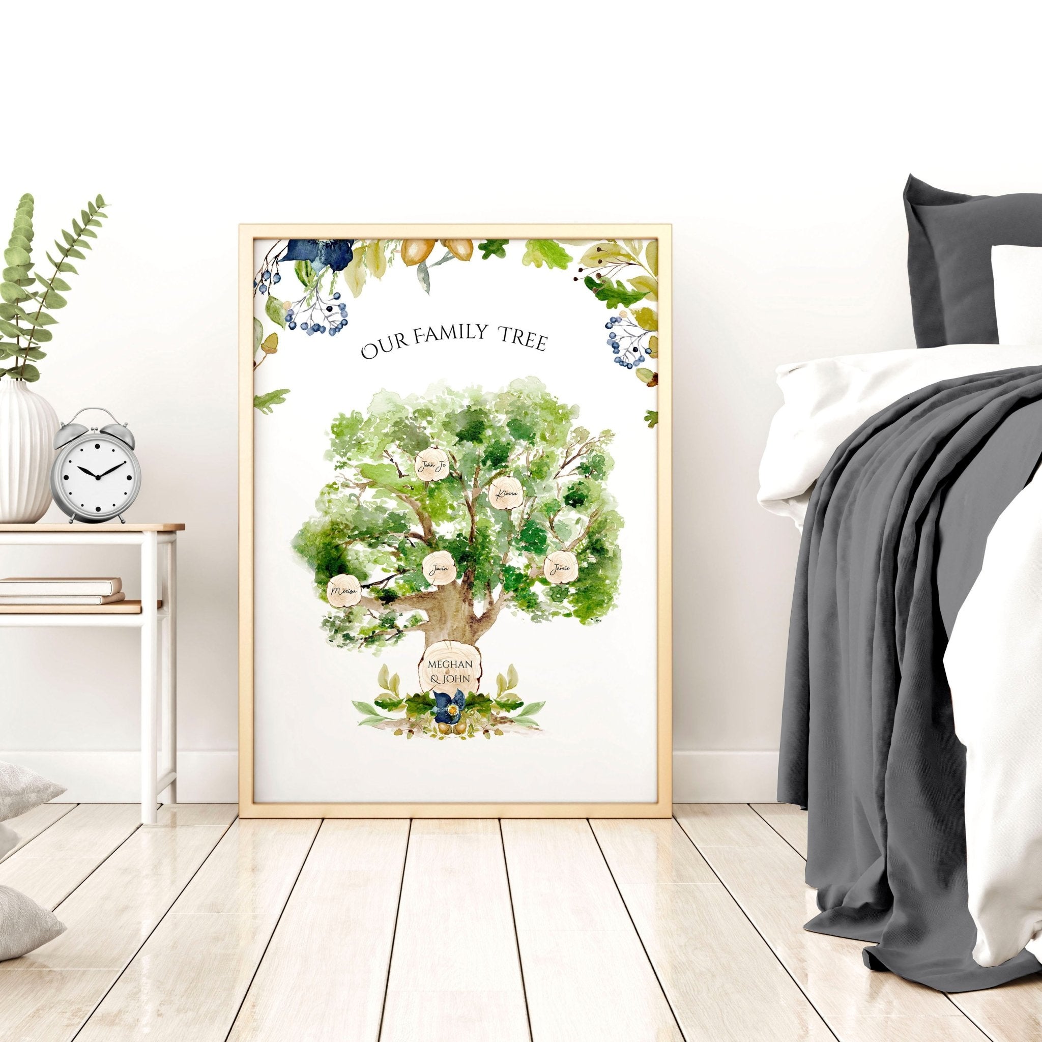 Personalised Family Tree Wall Art Print showcasing names of family members in a beautiful design, perfect for home decor.