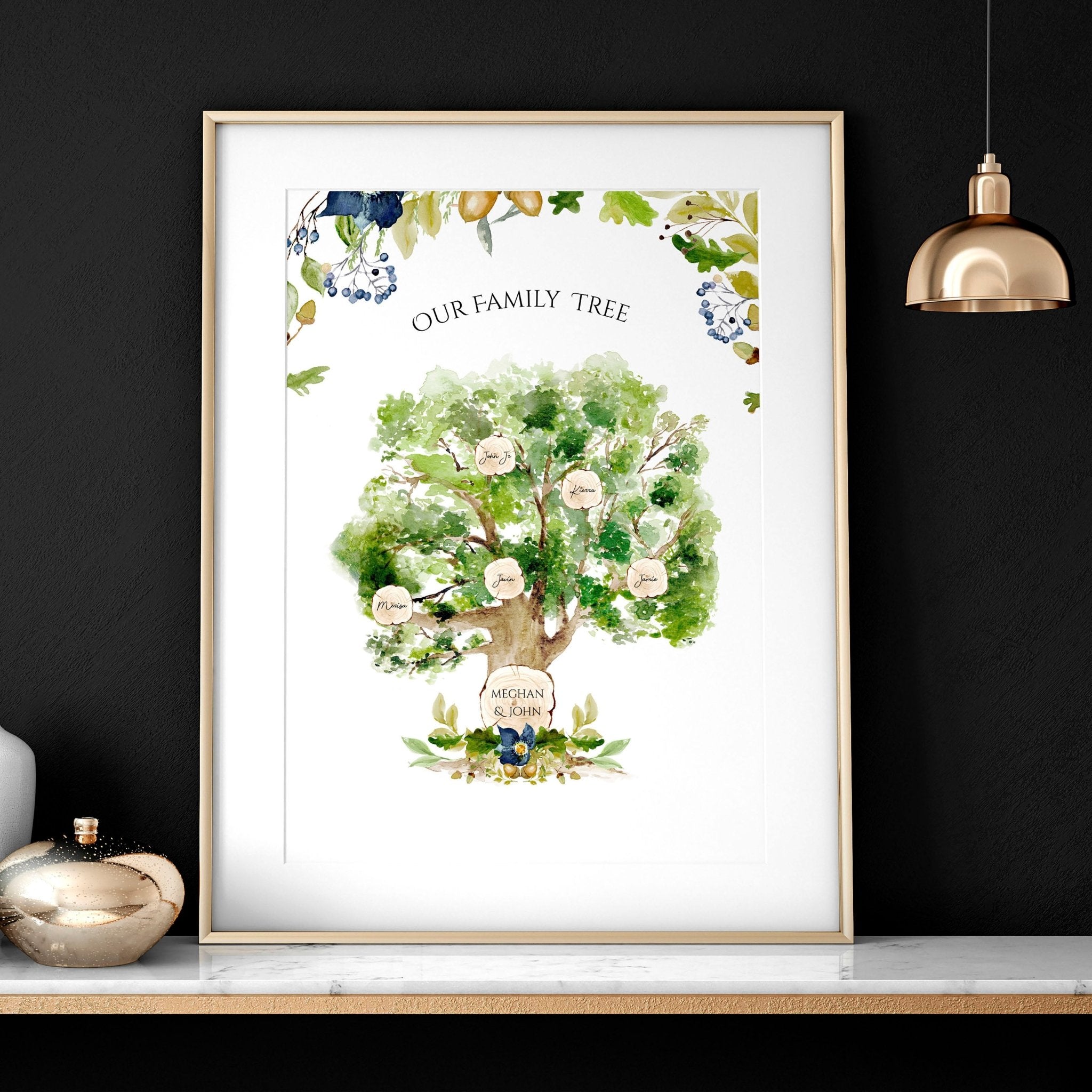 Personalised Family Tree Wall Art Print showcasing names of family members in a beautiful design, perfect for home decor.