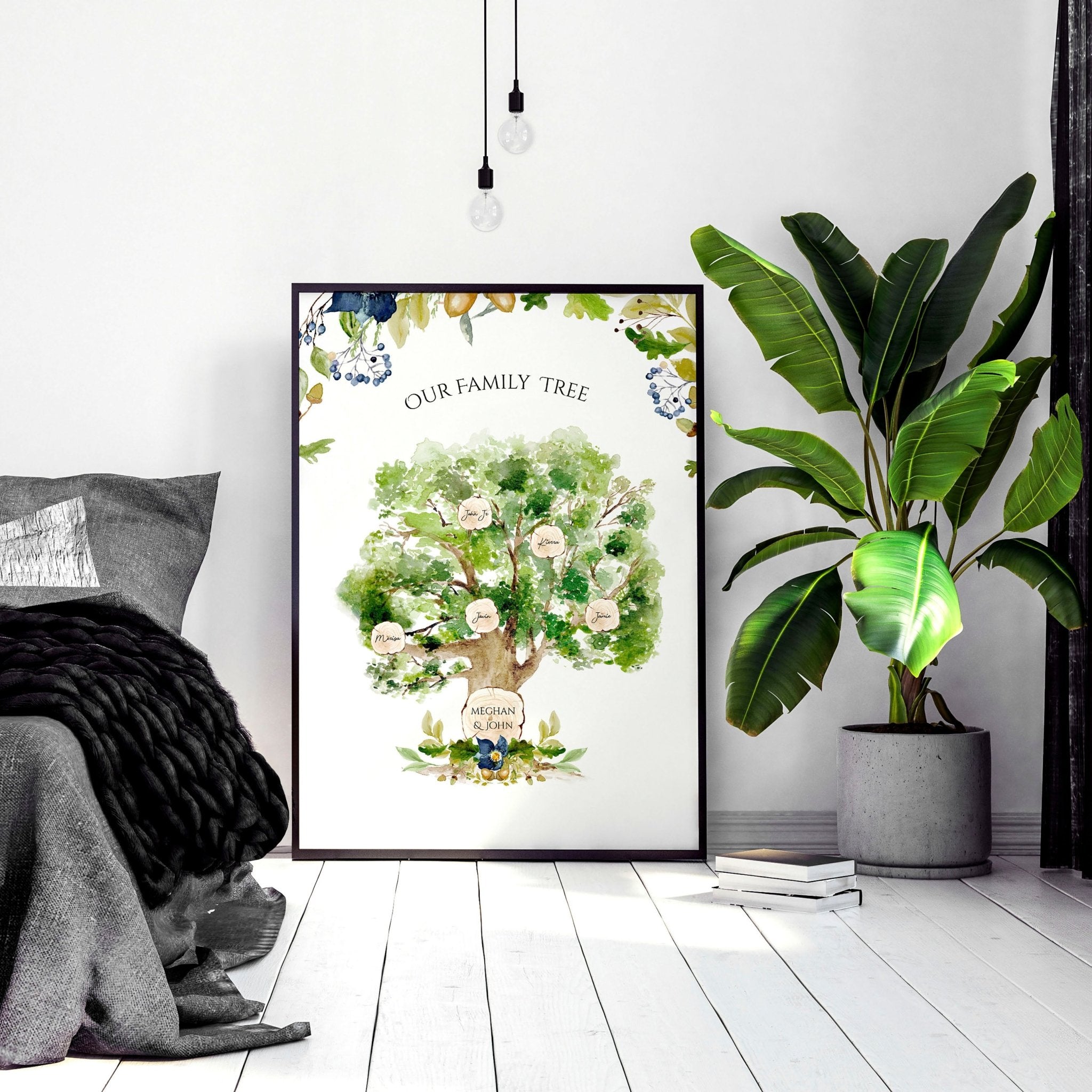 Personalised Family Tree Wall Art Print showcasing names of family members in a beautiful design, perfect for home decor.