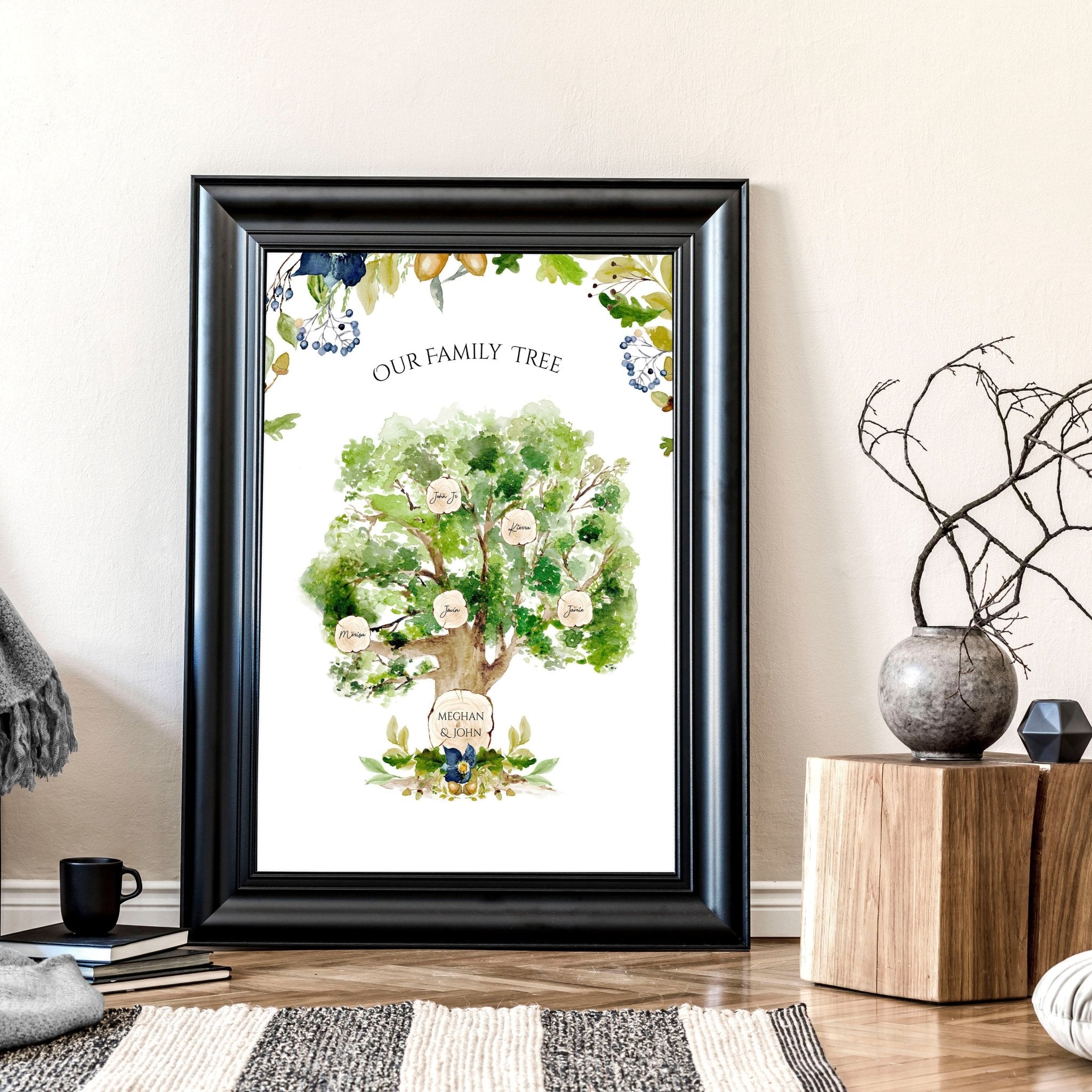 Personalised Family Tree Wall Art Print showcasing names of family members in a beautiful design, perfect for home decor.