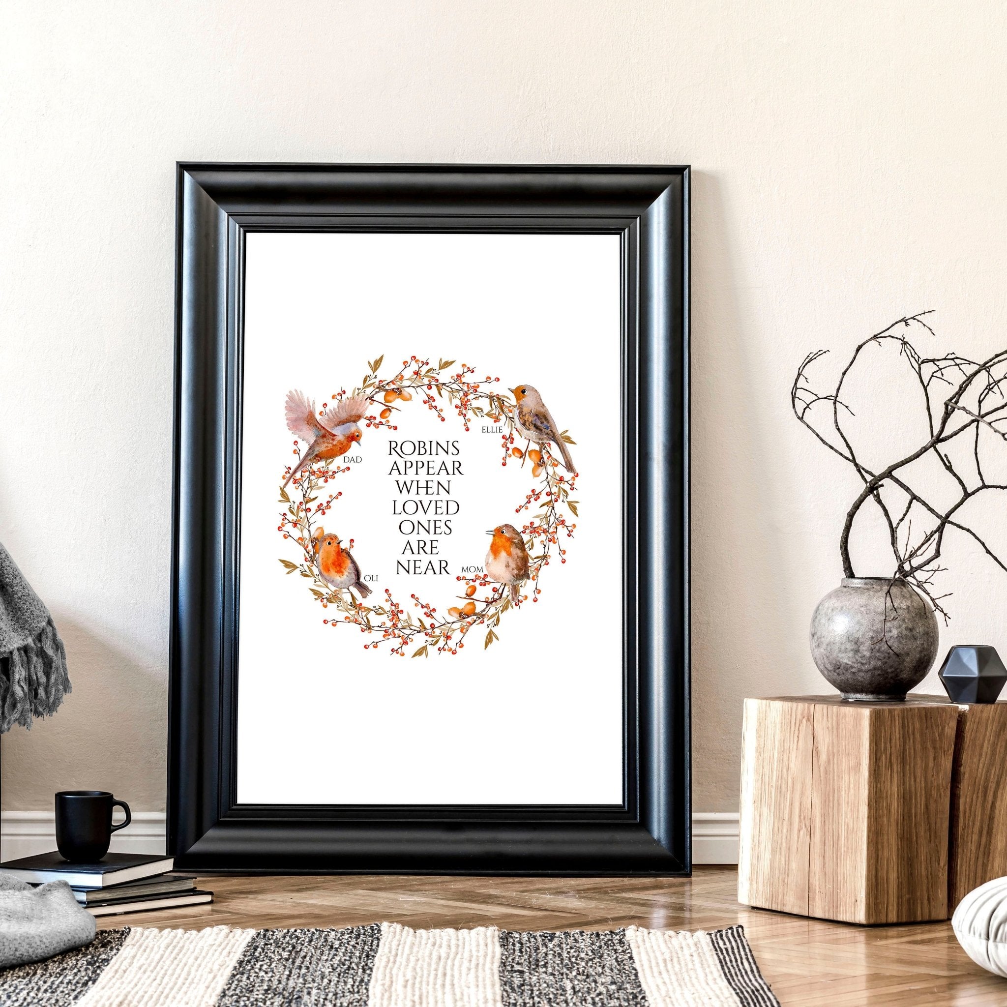 Personalized Robin Family Tree art print featuring customizable names, perfect for Christmas decor.