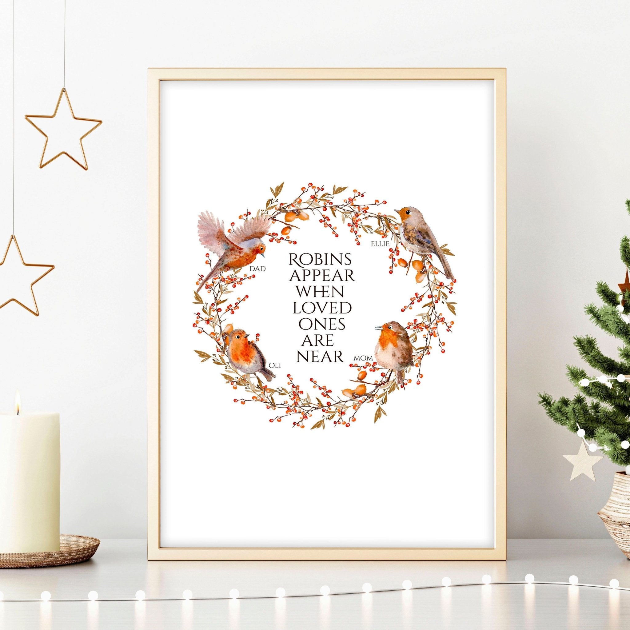 Personalized Robin Family Tree art print featuring customizable names, perfect for Christmas decor.