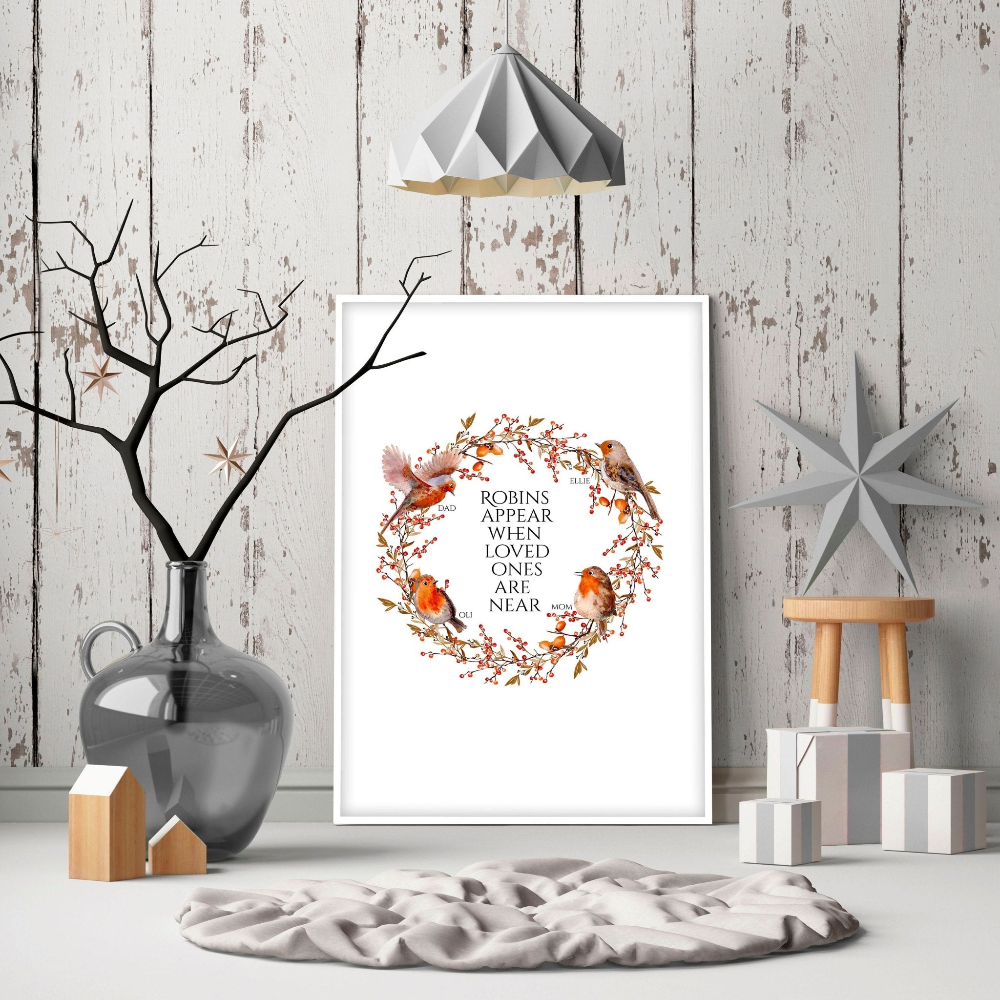 Personalized Robin Family Tree art print featuring customizable names, perfect for Christmas decor.