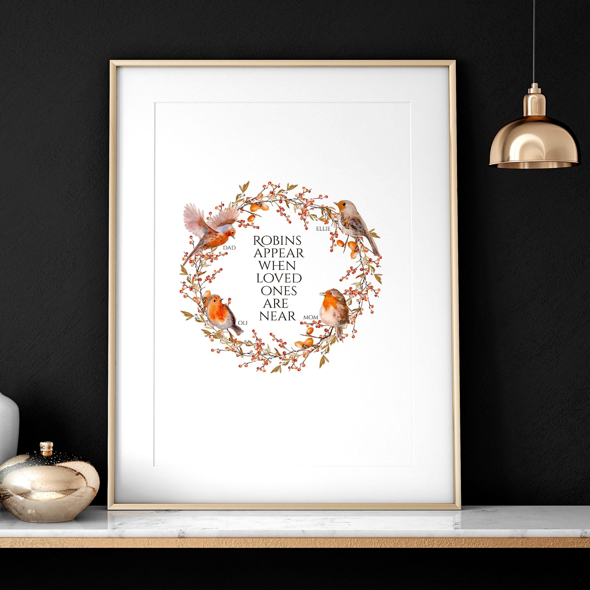 Personalized Robin Family Tree art print featuring customizable names, perfect for Christmas decor.