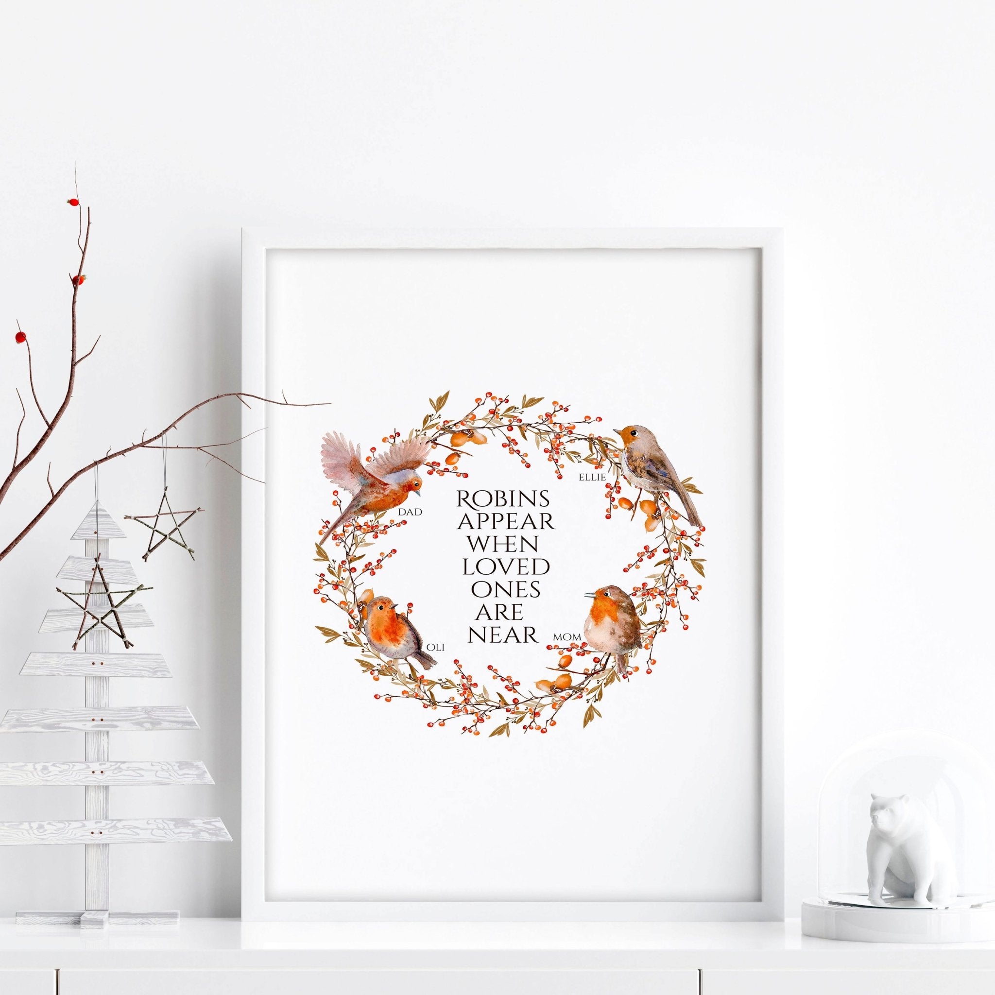 Personalized Robin Family Tree art print featuring customizable names, perfect for Christmas decor.