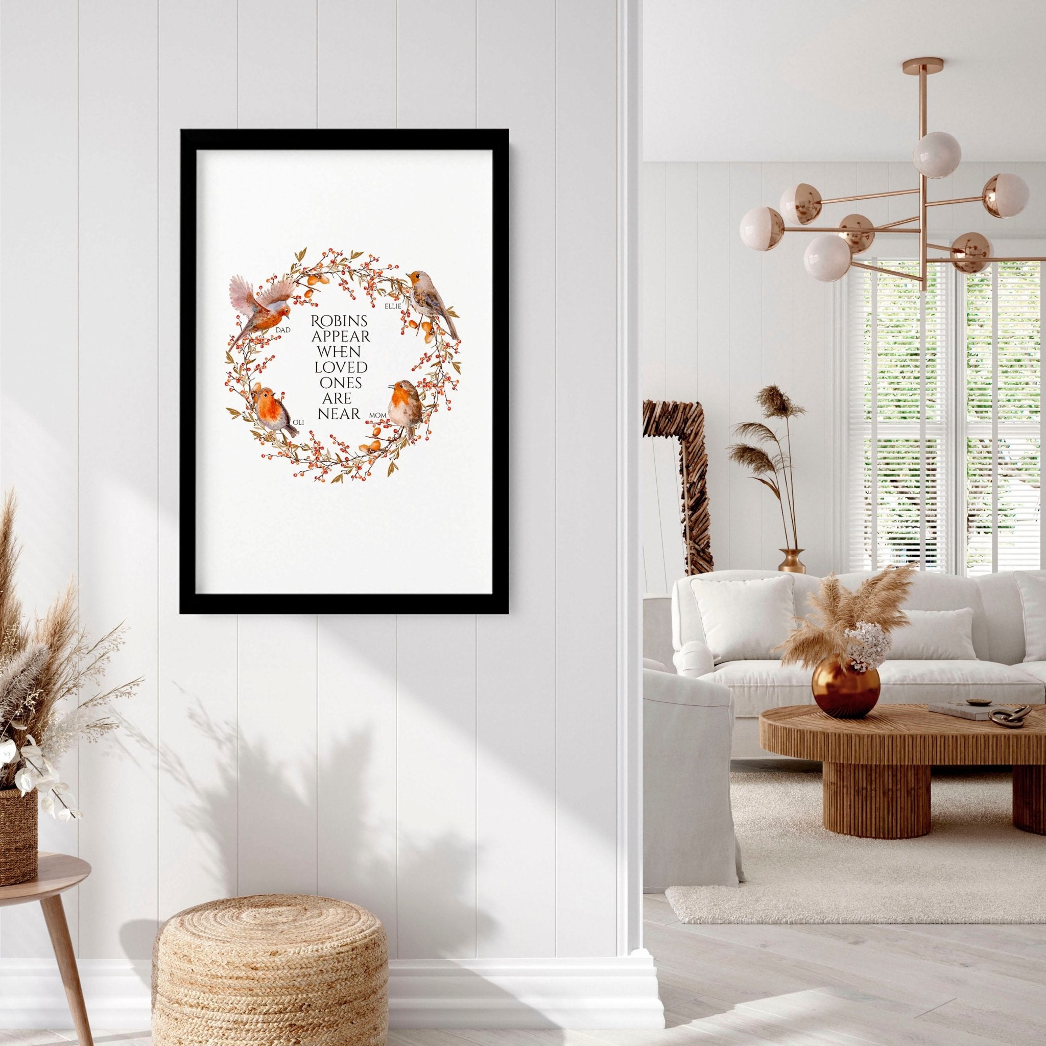 Personalized Robin Family Tree art print featuring customizable names, perfect for Christmas decor.