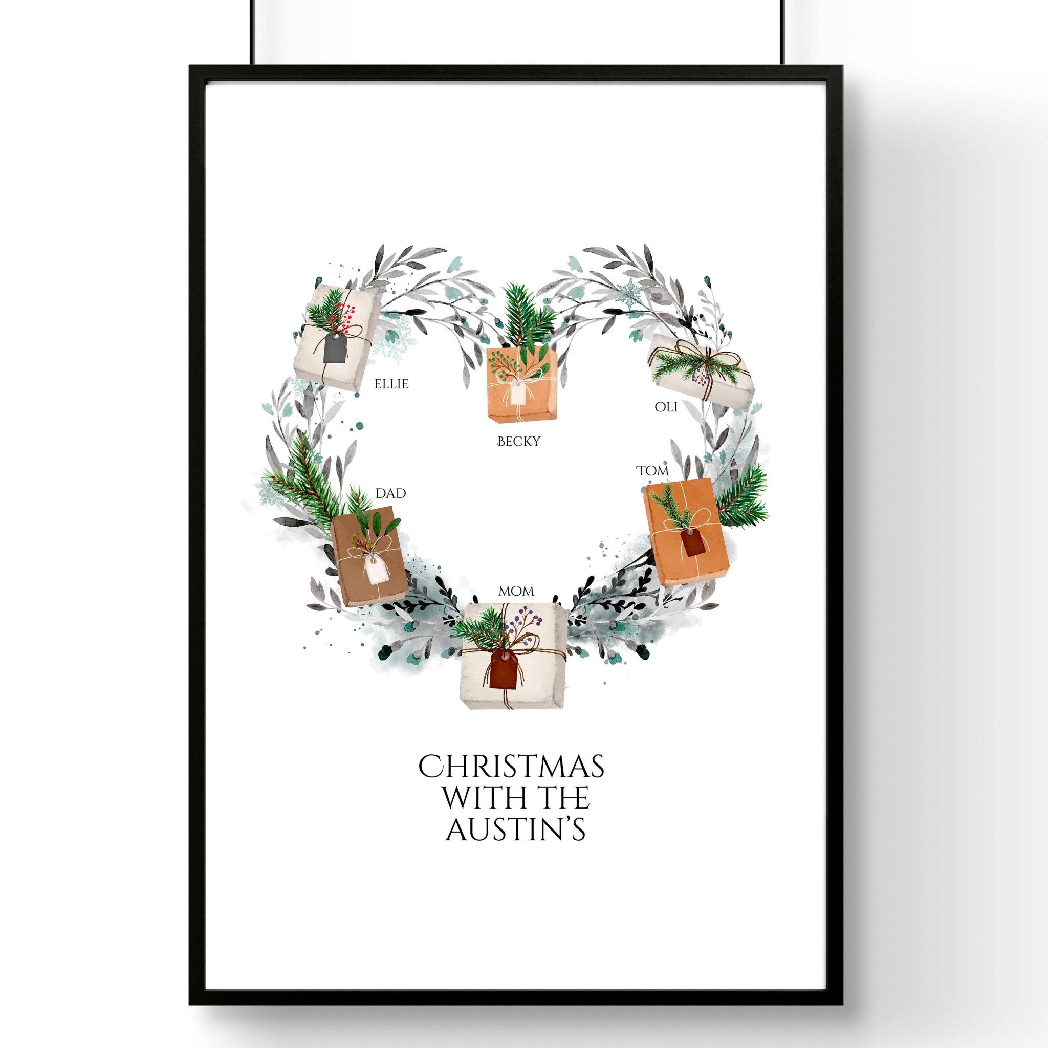 Personalized family wall art featuring a watercolour wreath with gift boxes, customizable with family names and a quote.