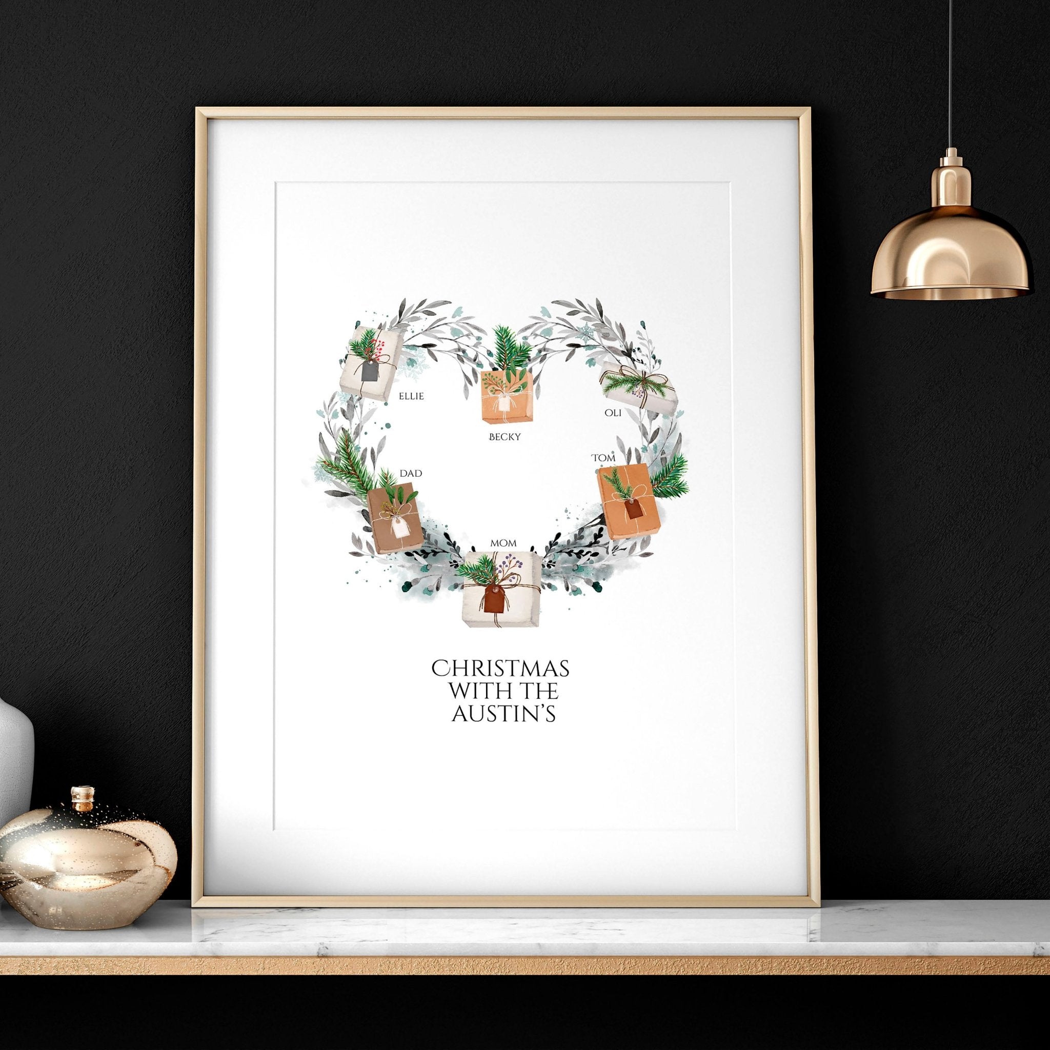 Personalized family wall art featuring a watercolour wreath with gift boxes, customizable with family names and a quote.