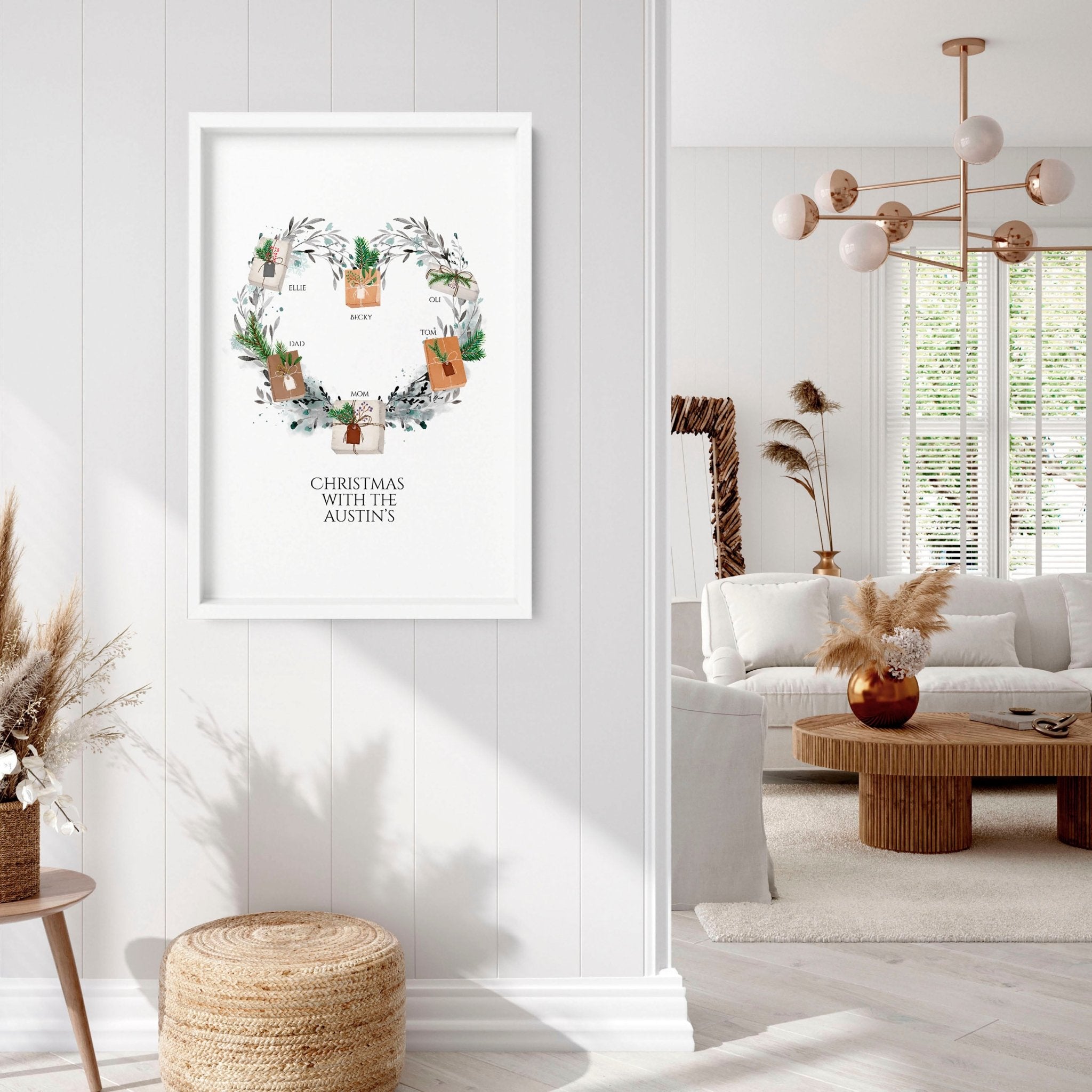 Personalized family wall art featuring a watercolour wreath with gift boxes, customizable with family names and a quote.