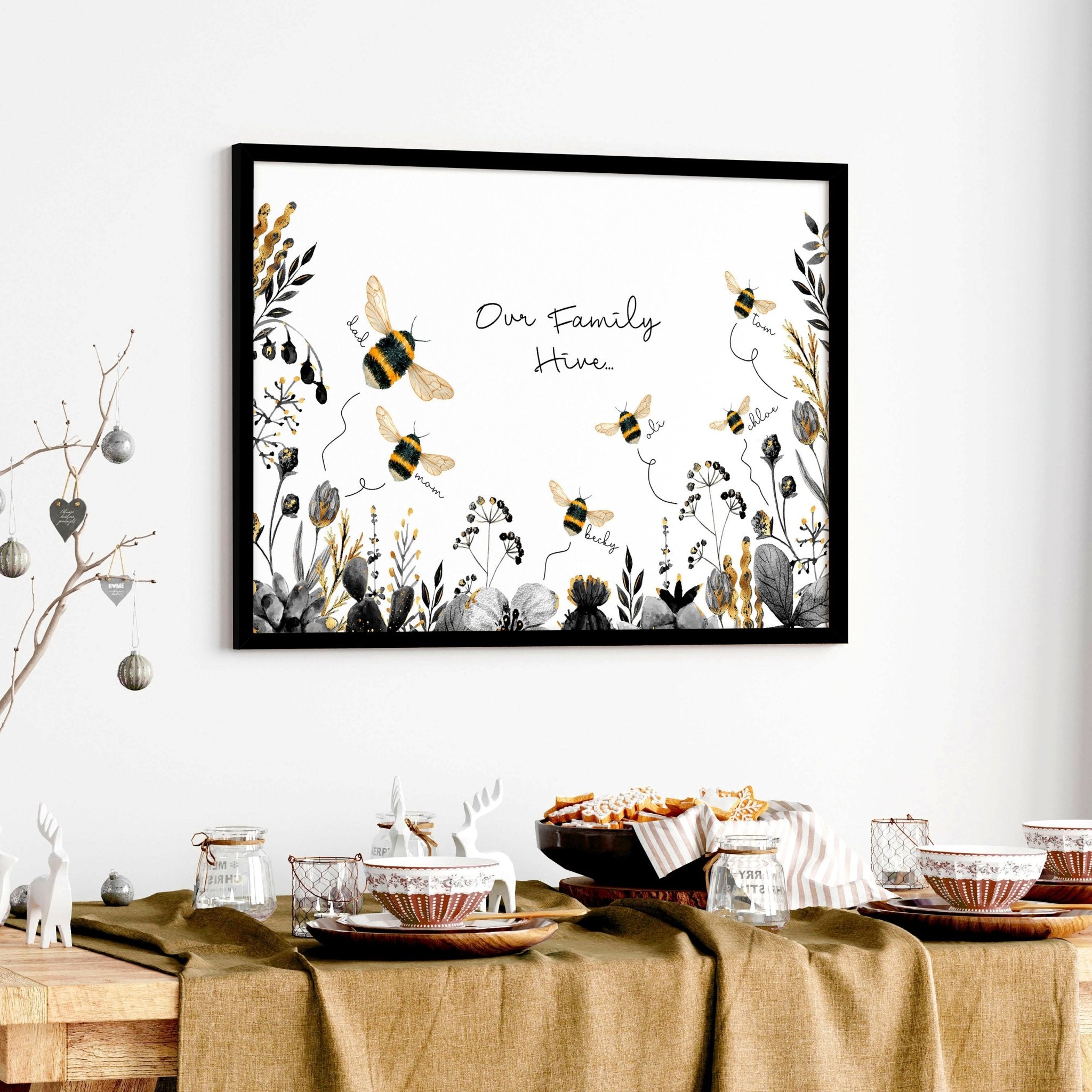 Personalized Bumble Bee wall art print featuring a buzzing hive and elegant bumble bees, customizable with family names, stylish black, grey, and gold design.