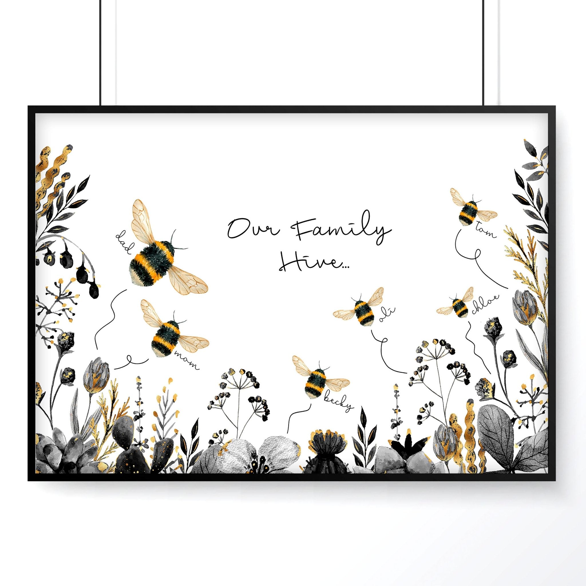 Personalized Bumble Bee wall art print featuring a buzzing hive and elegant bumble bees, customizable with family names, stylish black, grey, and gold design.