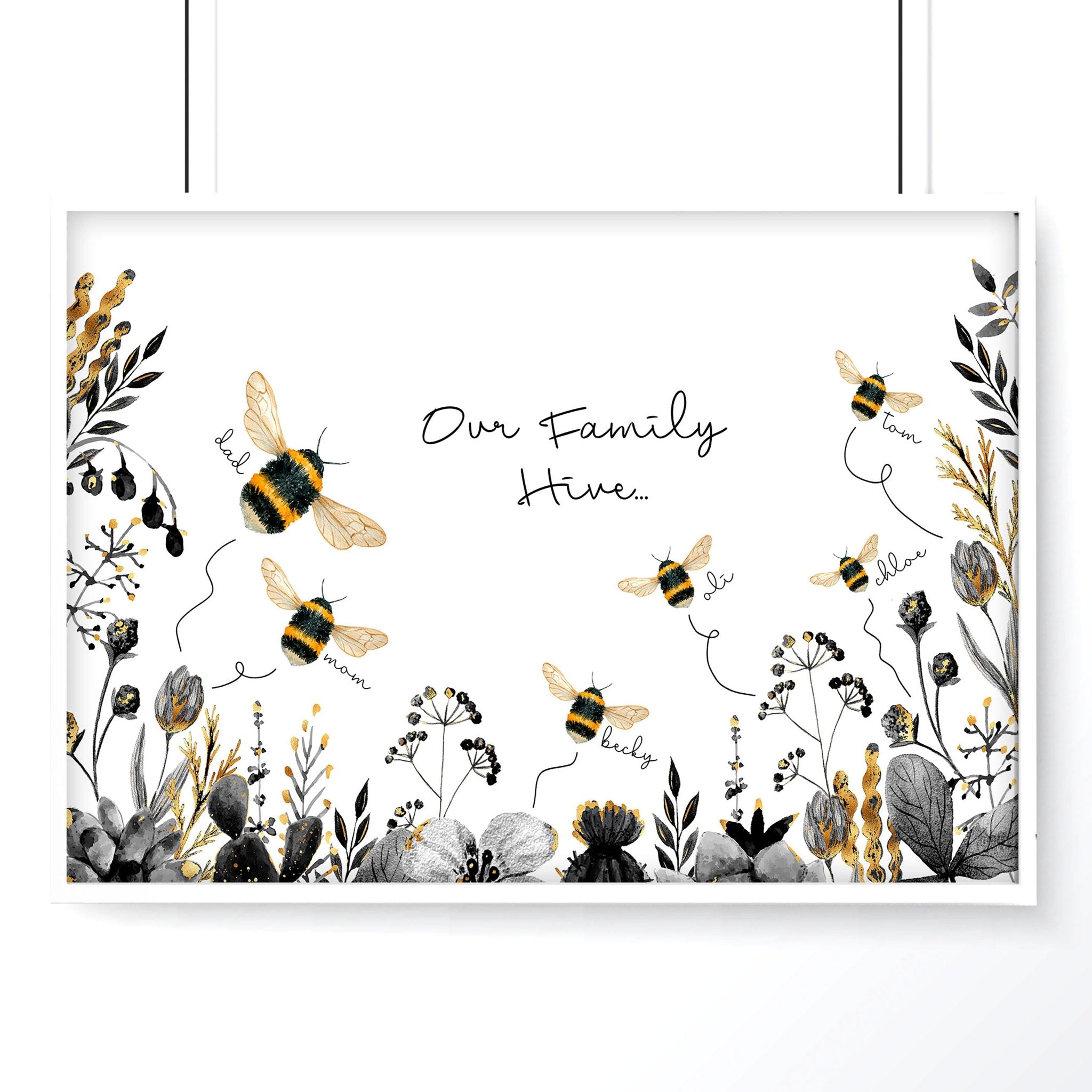 Personalized Bumble Bee wall art print featuring a buzzing hive and elegant bumble bees, customizable with family names, stylish black, grey, and gold design.