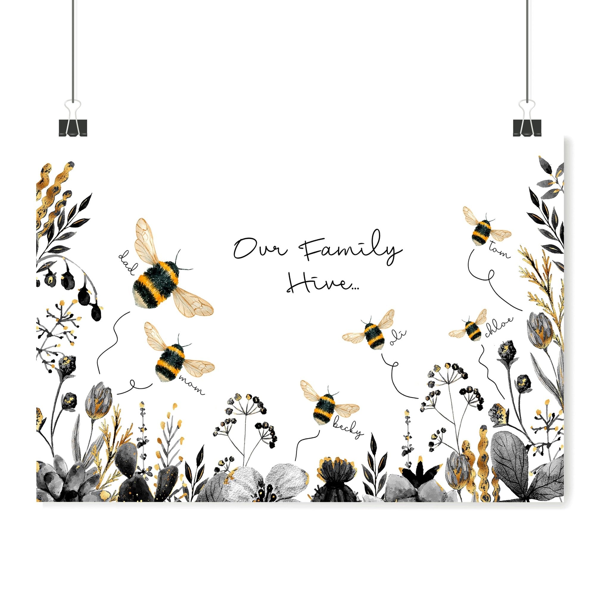 Personalized Bumble Bee wall art print featuring a buzzing hive and elegant bumble bees, customizable with family names, stylish black, grey, and gold design.