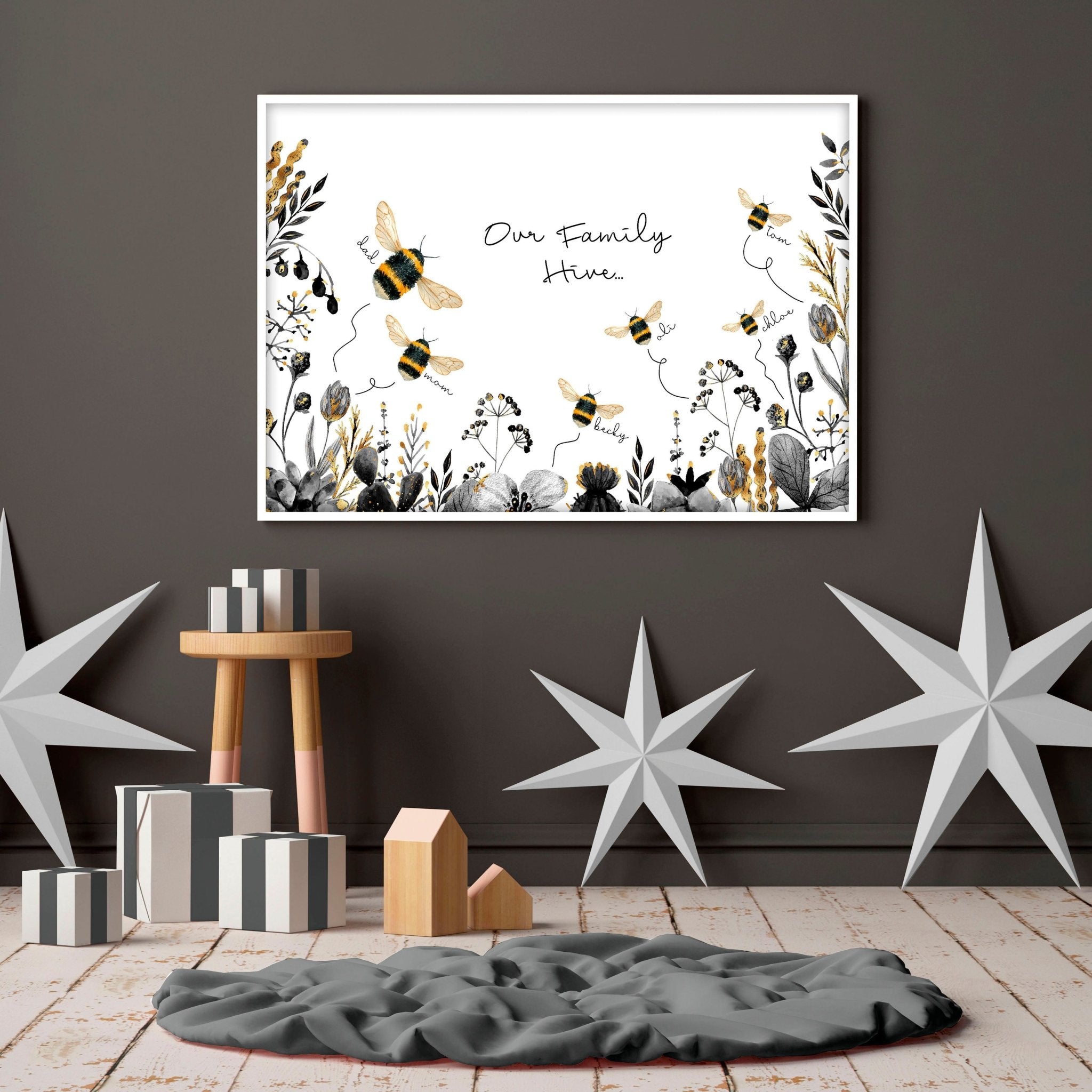 Personalized Bumble Bee wall art print featuring a buzzing hive and elegant bumble bees, customizable with family names, stylish black, grey, and gold design.