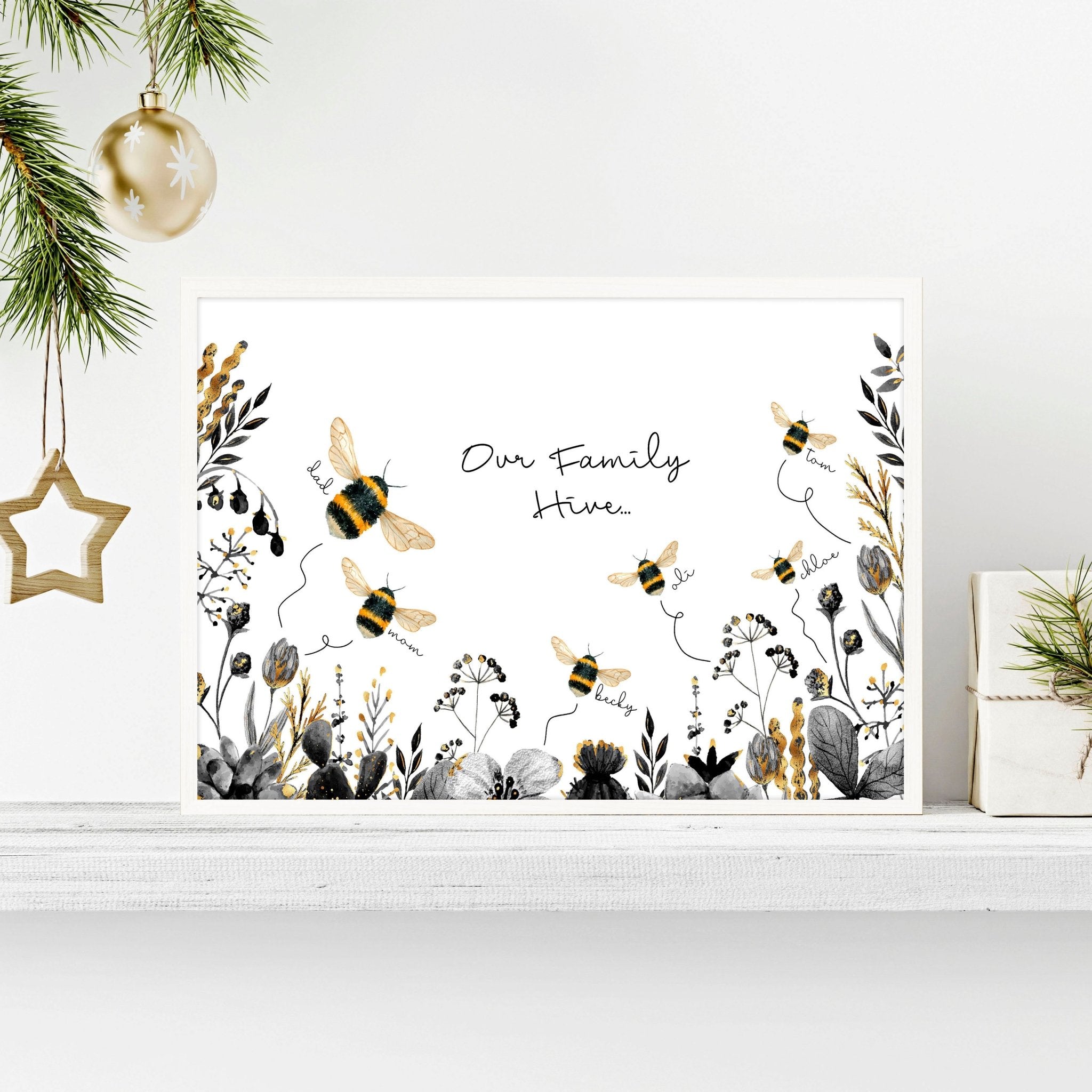 Personalized Bumble Bee wall art print featuring a buzzing hive and elegant bumble bees, customizable with family names, stylish black, grey, and gold design.