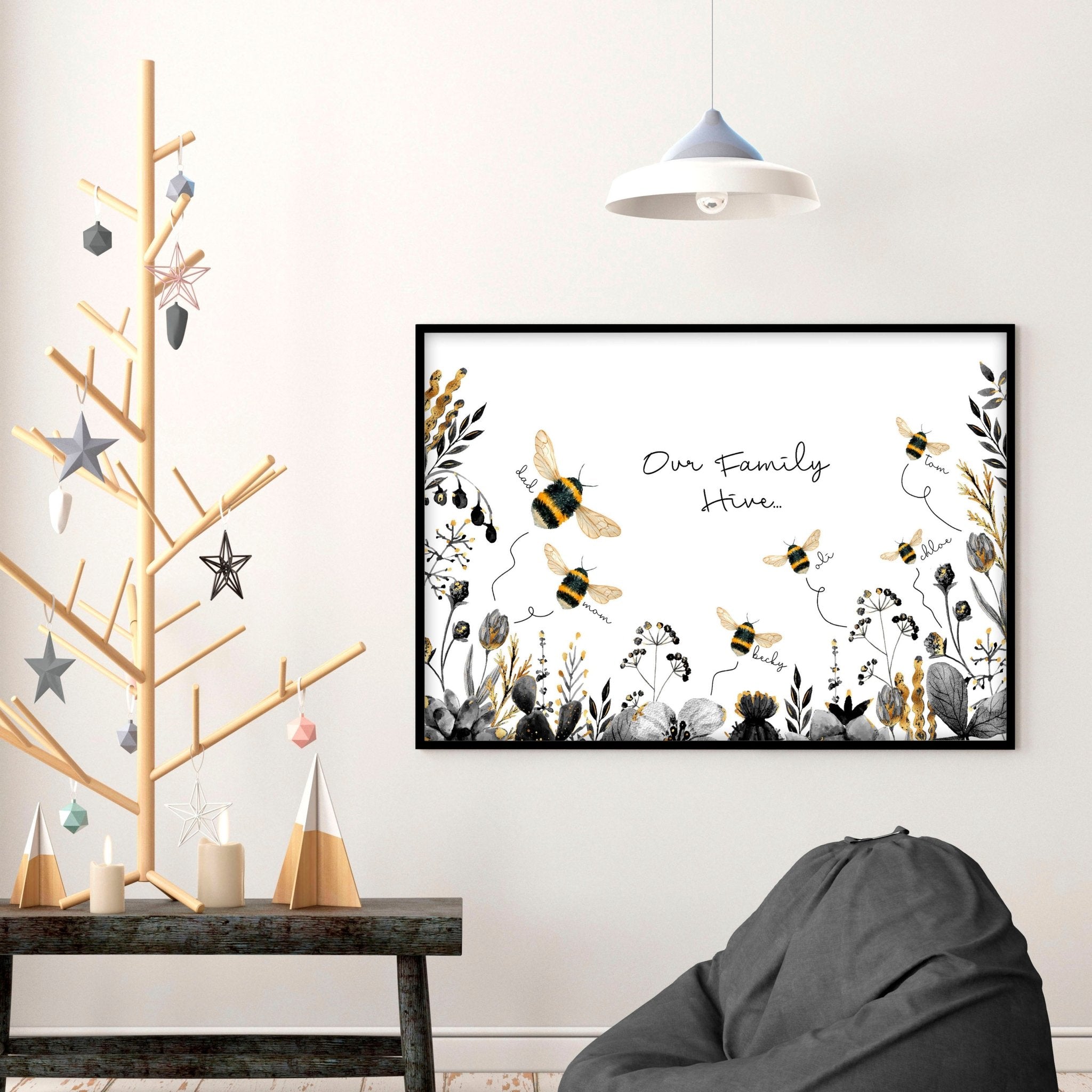 Personalized Bumble Bee wall art print featuring a buzzing hive and elegant bumble bees, customizable with family names, stylish black, grey, and gold design.