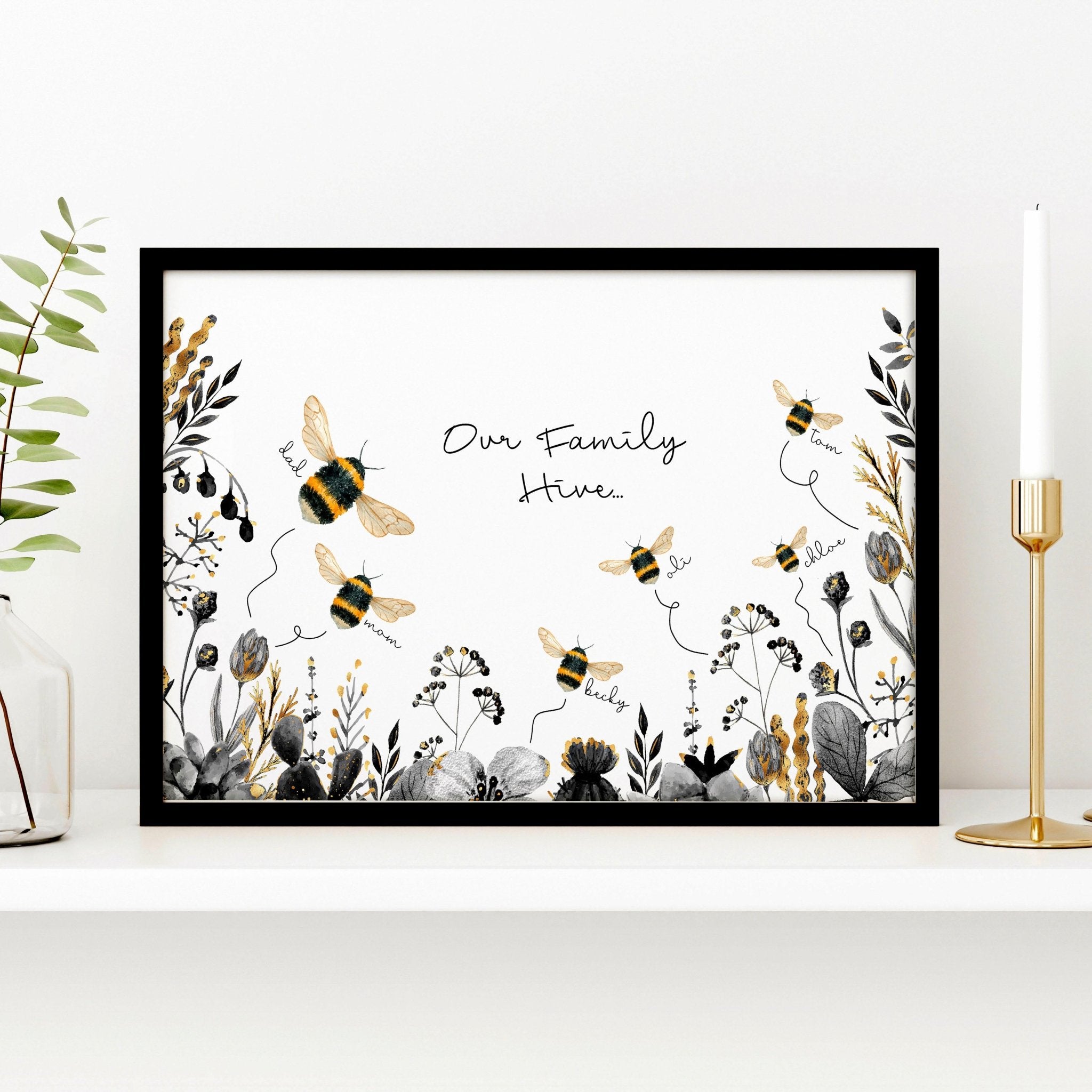 Personalized Bumble Bee wall art print featuring a buzzing hive and elegant bumble bees, customizable with family names, stylish black, grey, and gold design.