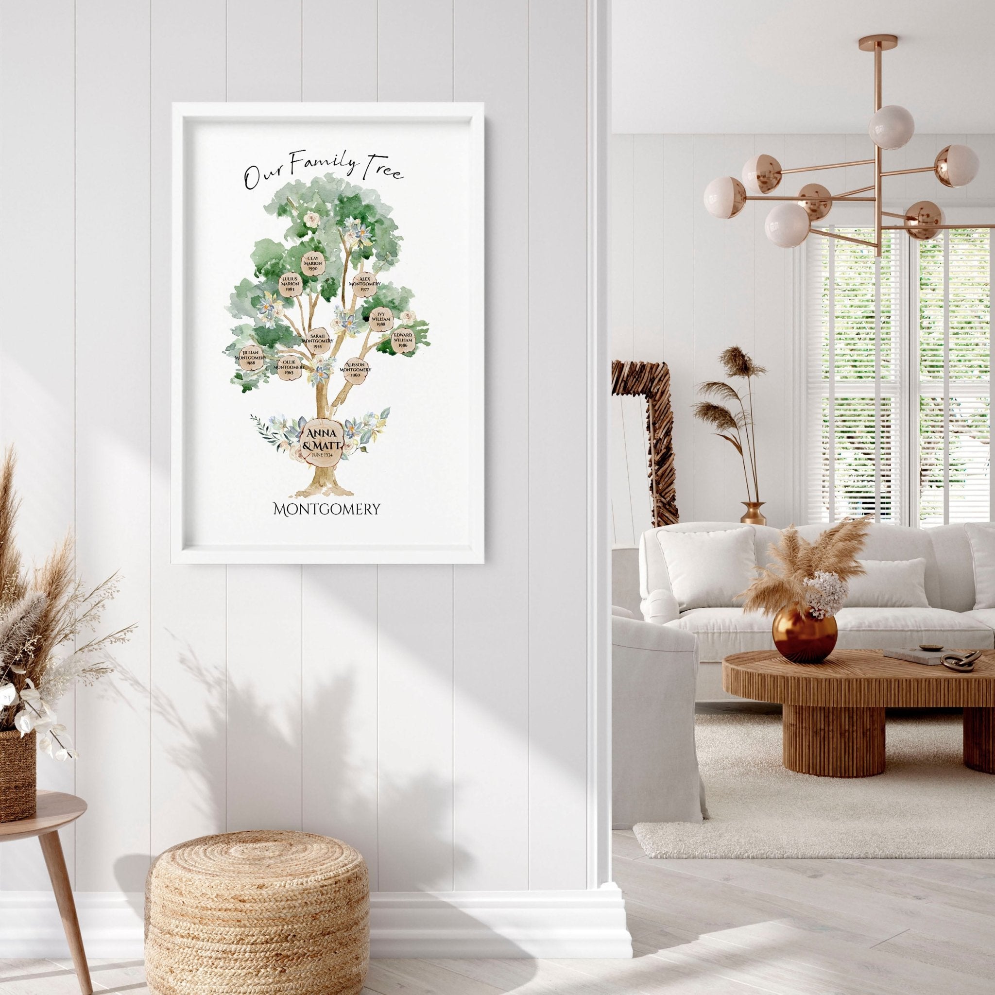 A beautifully designed personalized family tree wall art print featuring custom names and a quote, showcasing family connections.