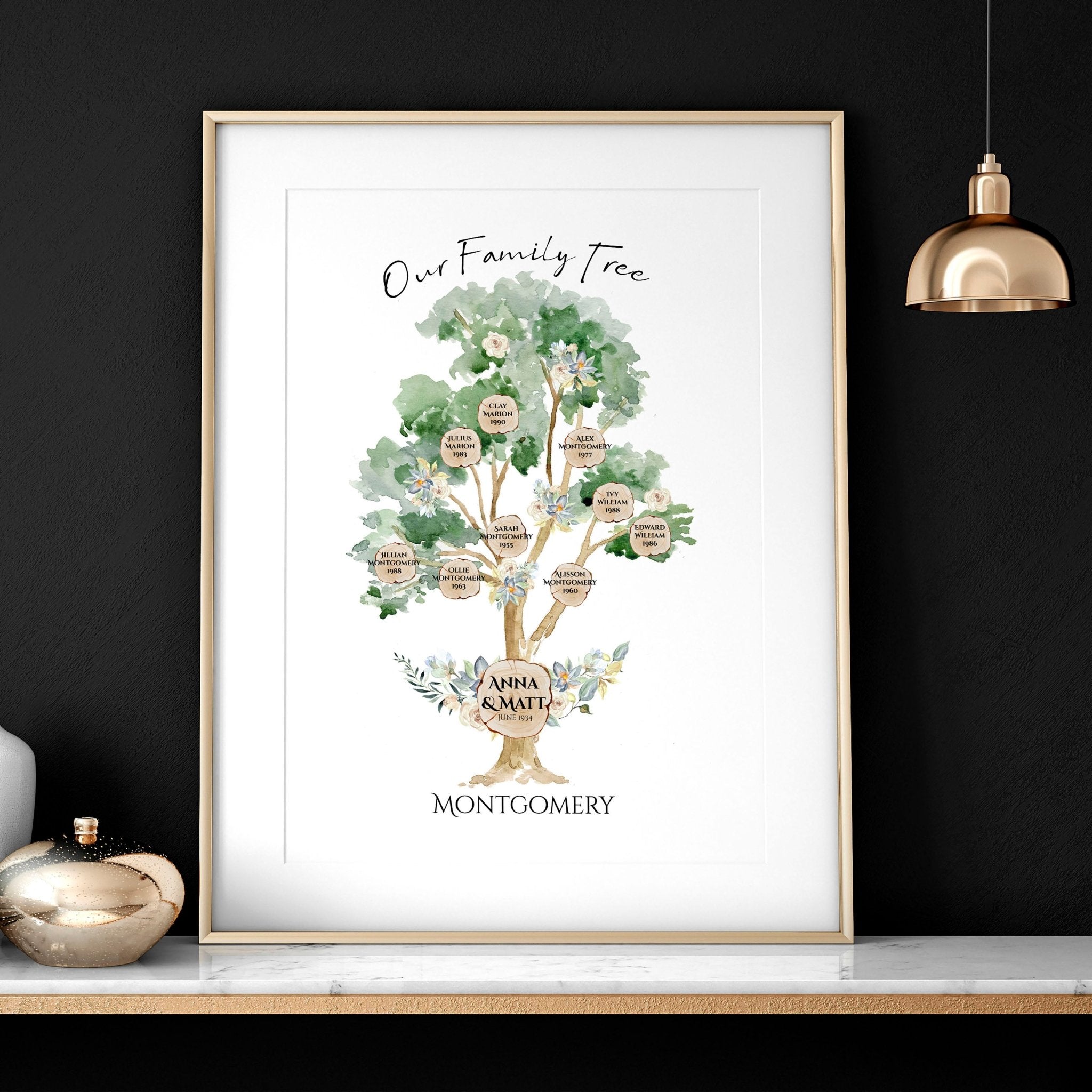 A beautifully designed personalized family tree wall art print featuring custom names and a quote, showcasing family connections.