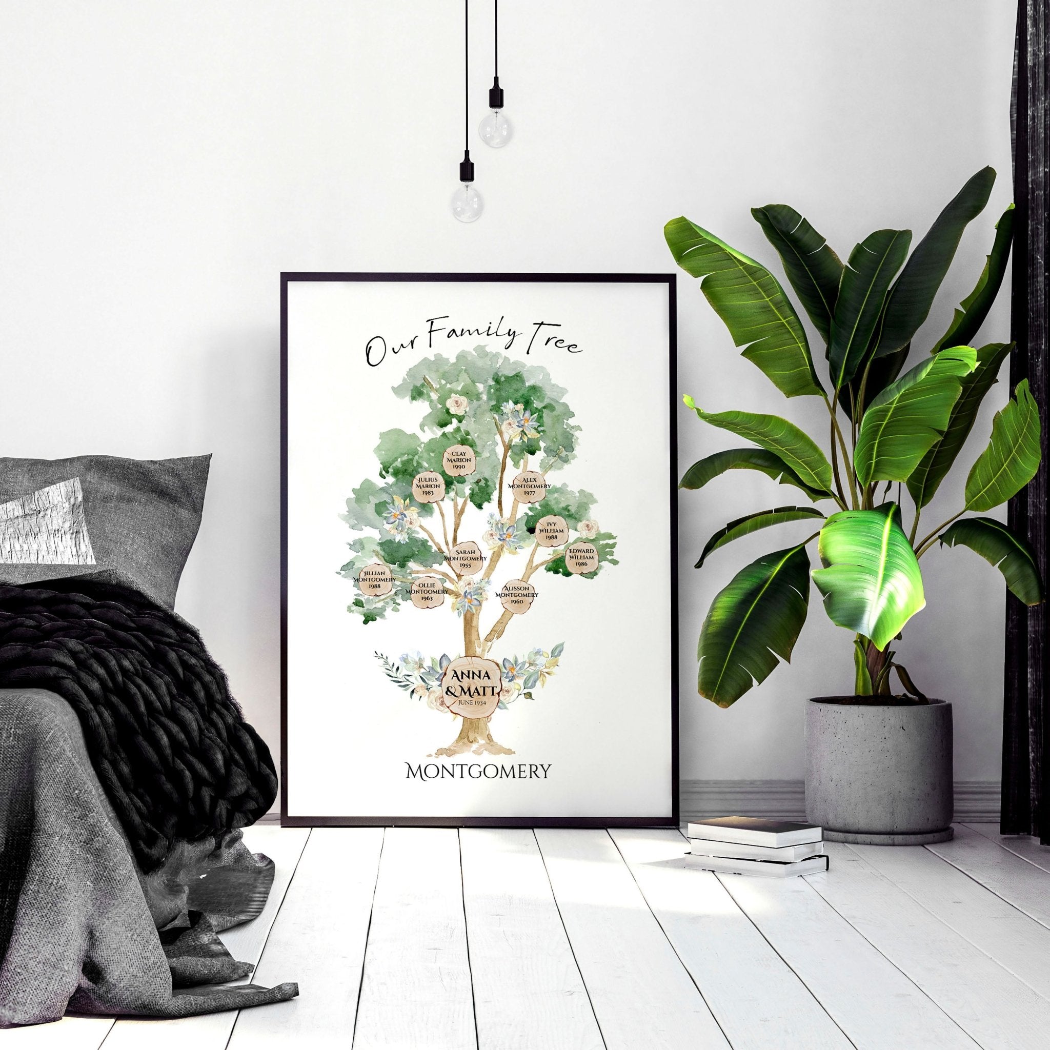 A beautifully designed personalized family tree wall art print featuring custom names and a quote, showcasing family connections.