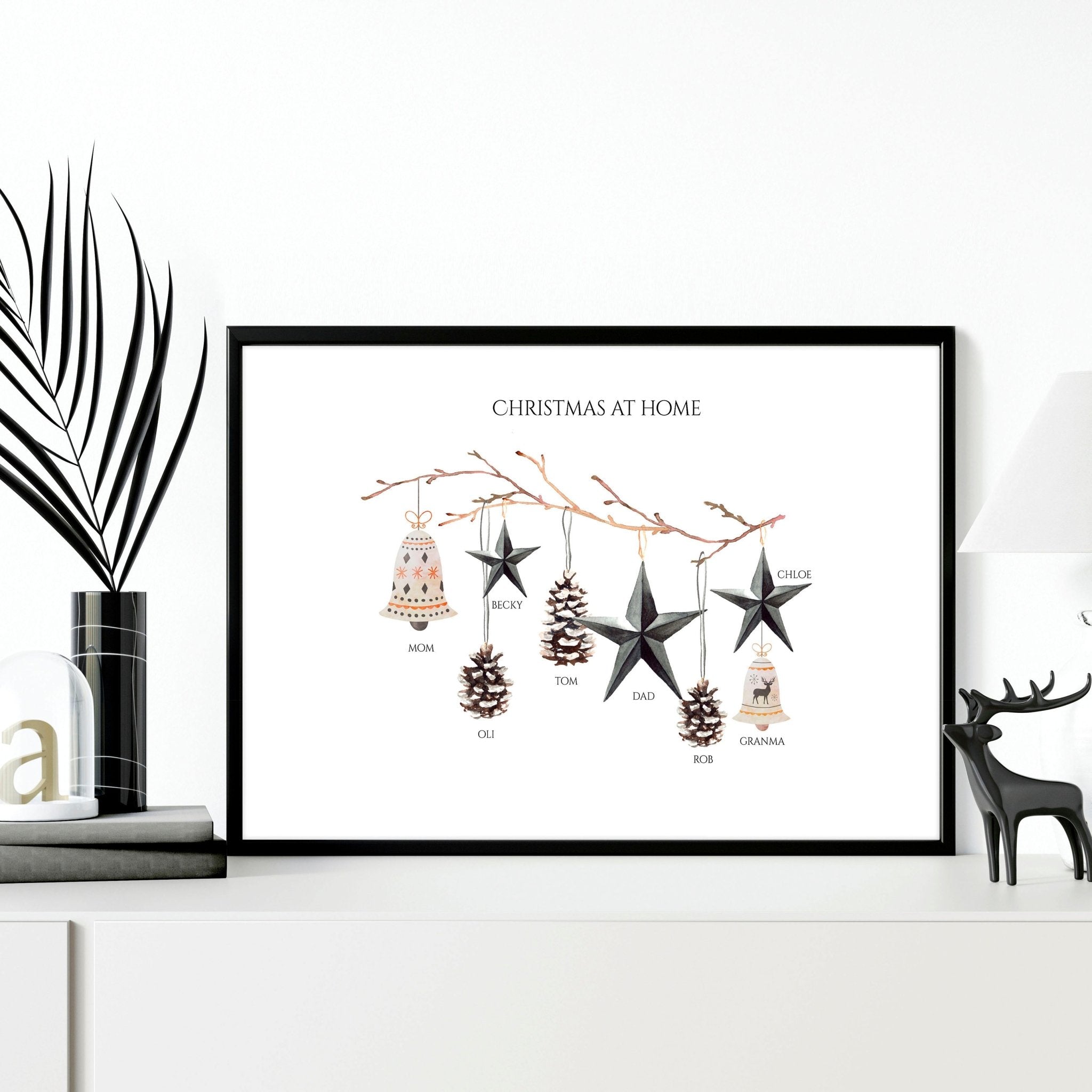 Sentimental Christmas gift wall art print featuring elegant black and gold design with customizable family names, perfect for holiday decor.