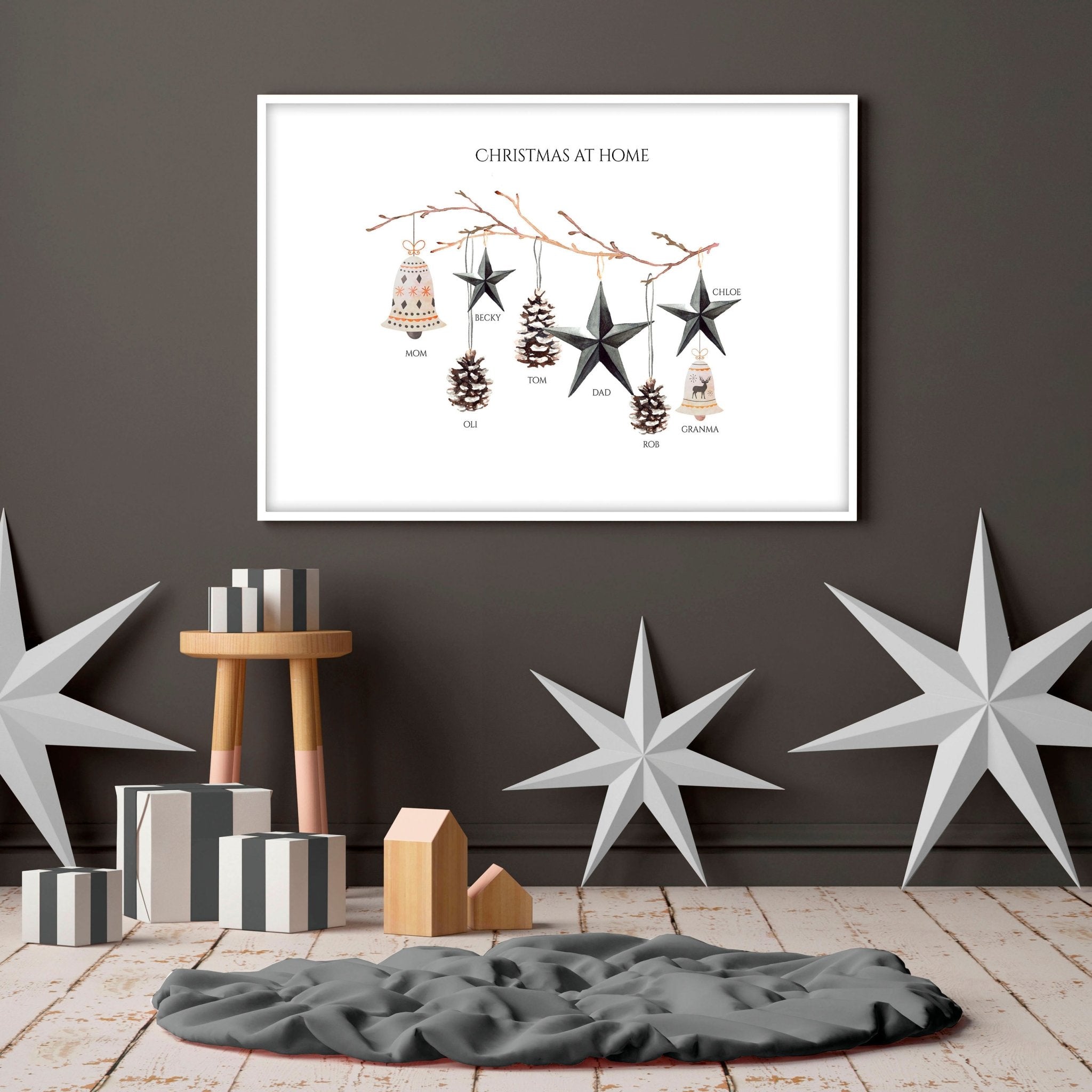 Sentimental Christmas gift wall art print featuring elegant black and gold design with customizable family names, perfect for holiday decor.