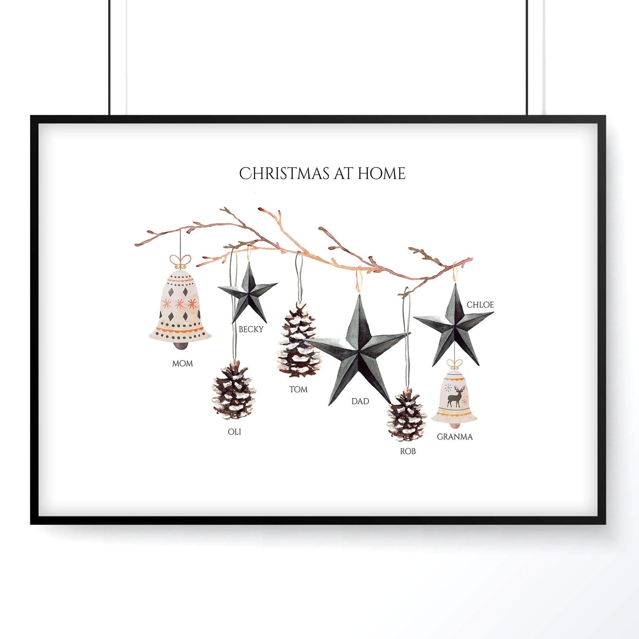 Sentimental Christmas gift wall art print featuring elegant black and gold design with customizable family names, perfect for holiday decor.