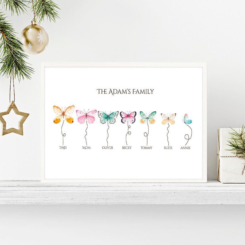 Customizable butterflies family wall art print featuring names of family members, beautifully designed for sentimental gifting.