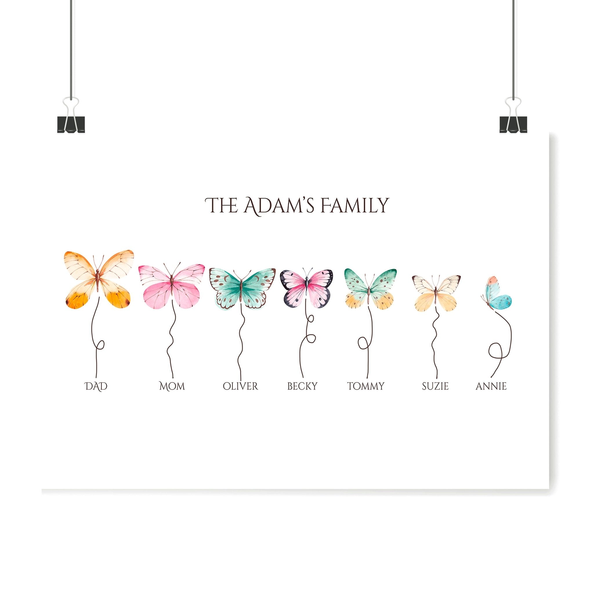 Customizable butterflies family wall art print featuring names of family members, beautifully designed for sentimental gifting.