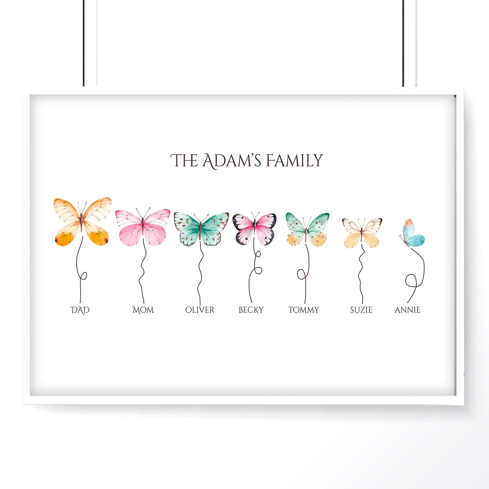 Customizable butterflies family wall art print featuring names of family members, beautifully designed for sentimental gifting.