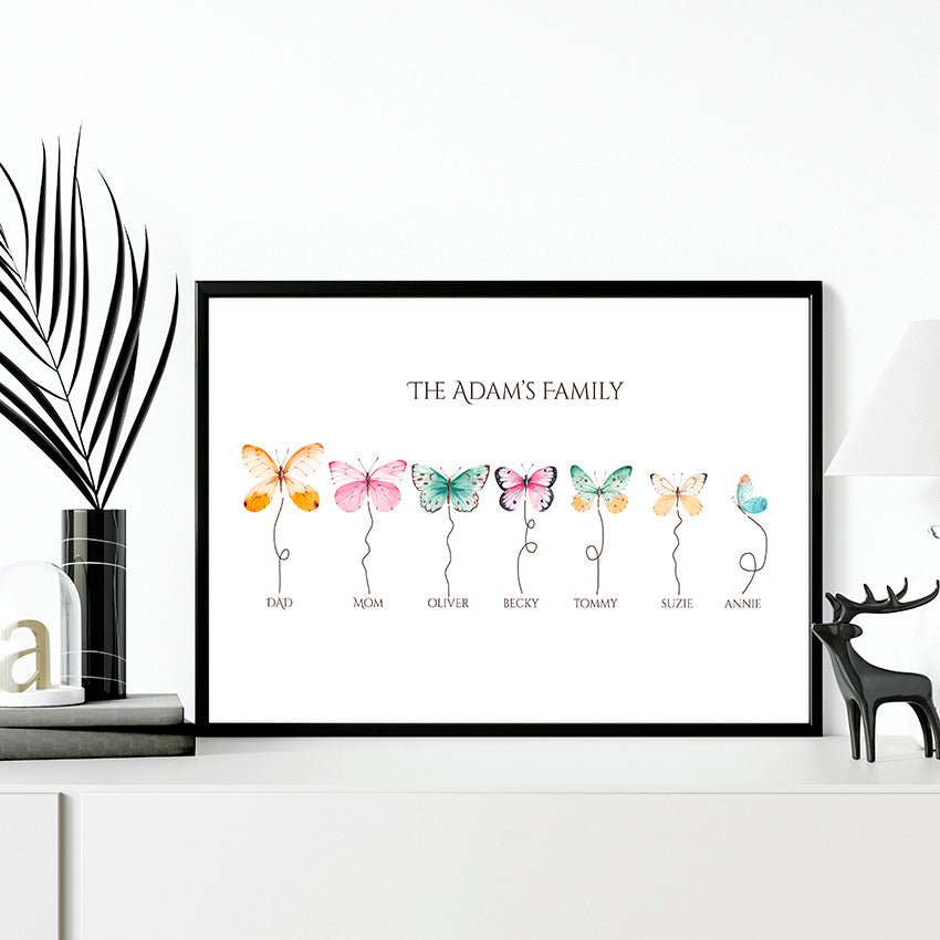 Customizable butterflies family wall art print featuring names of family members, beautifully designed for sentimental gifting.