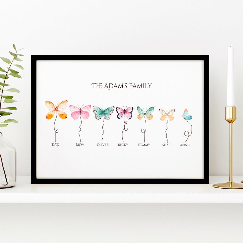 Customizable butterflies family wall art print featuring names of family members, beautifully designed for sentimental gifting.