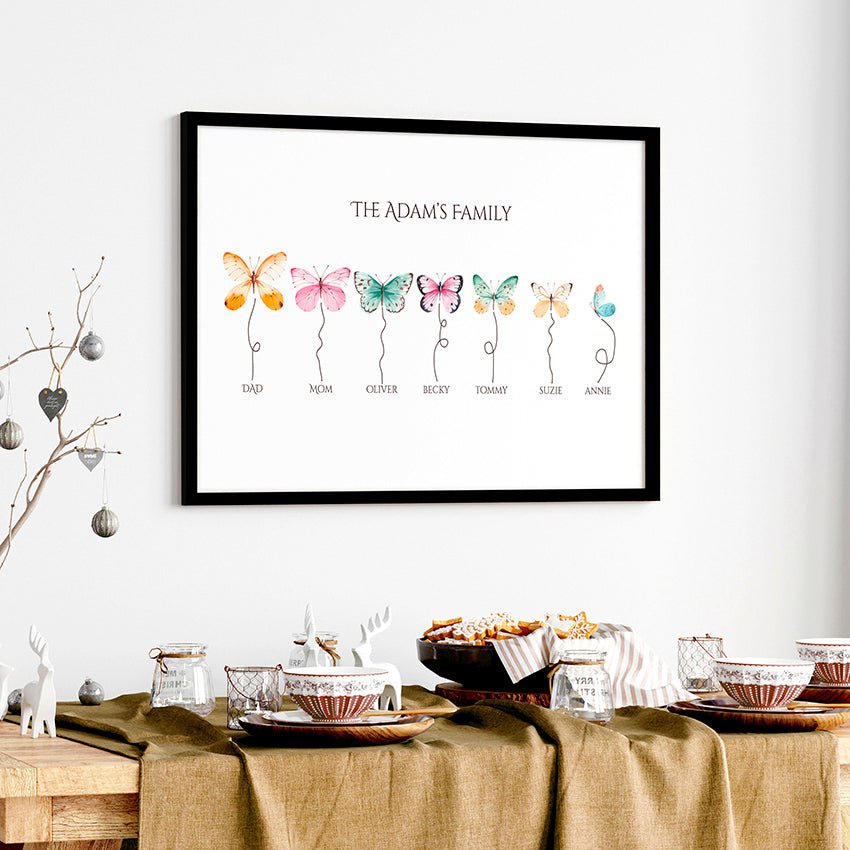 Customizable butterflies family wall art print featuring names of family members, beautifully designed for sentimental gifting.