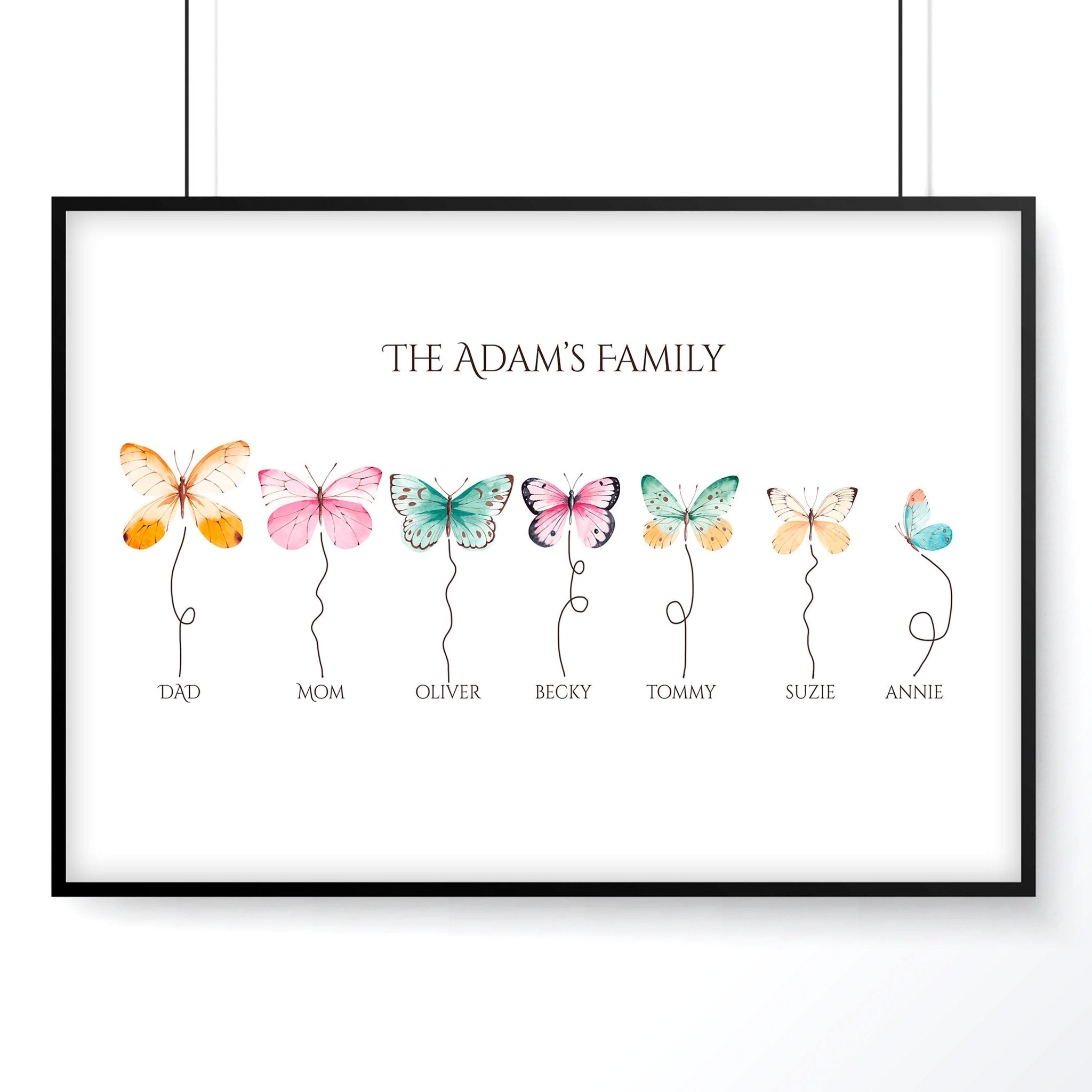 Customizable butterflies family wall art print featuring names of family members, beautifully designed for sentimental gifting.