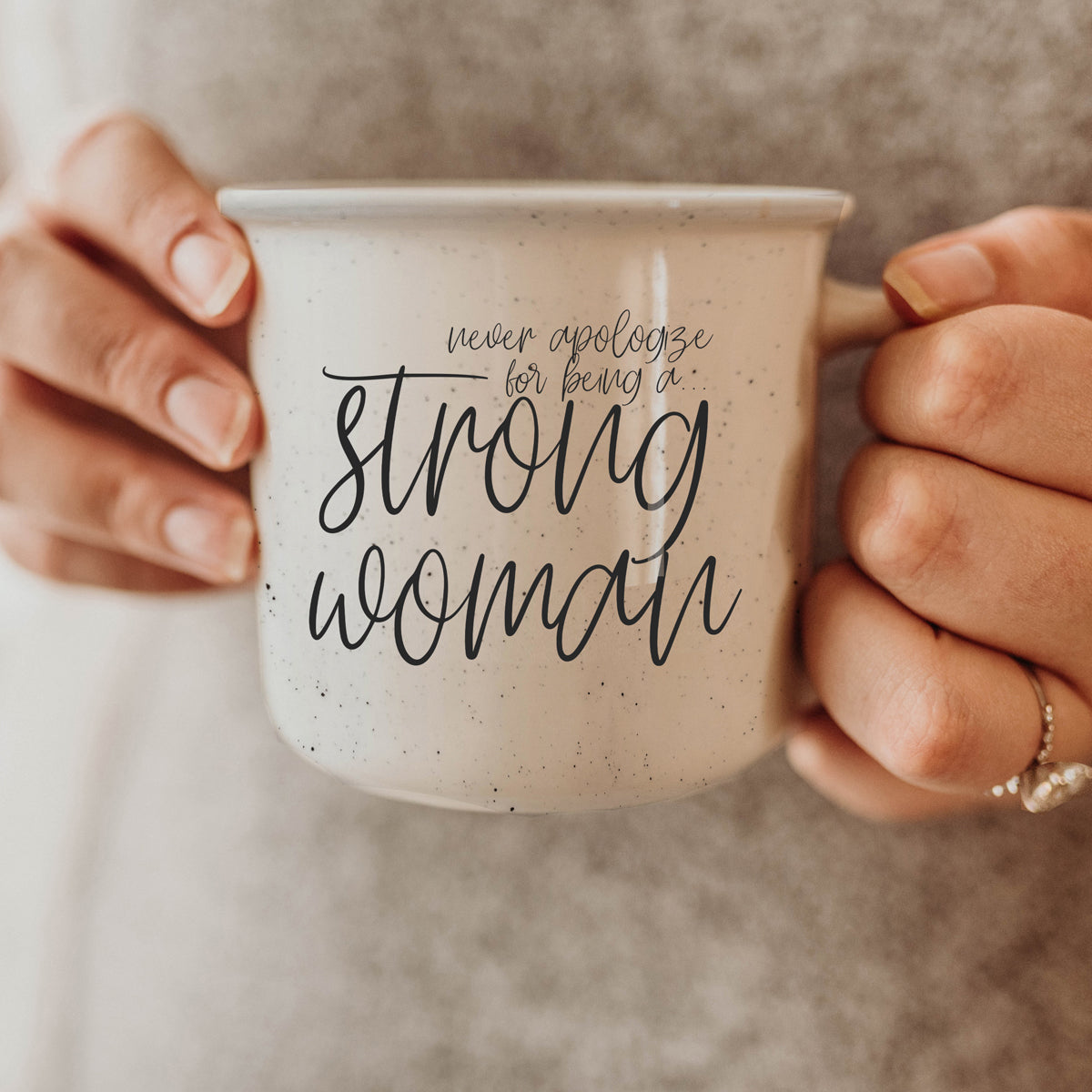 Strong Woman 14.5oz ceramic campfire mug with white sesame glaze and black lettering, designed for strong women.