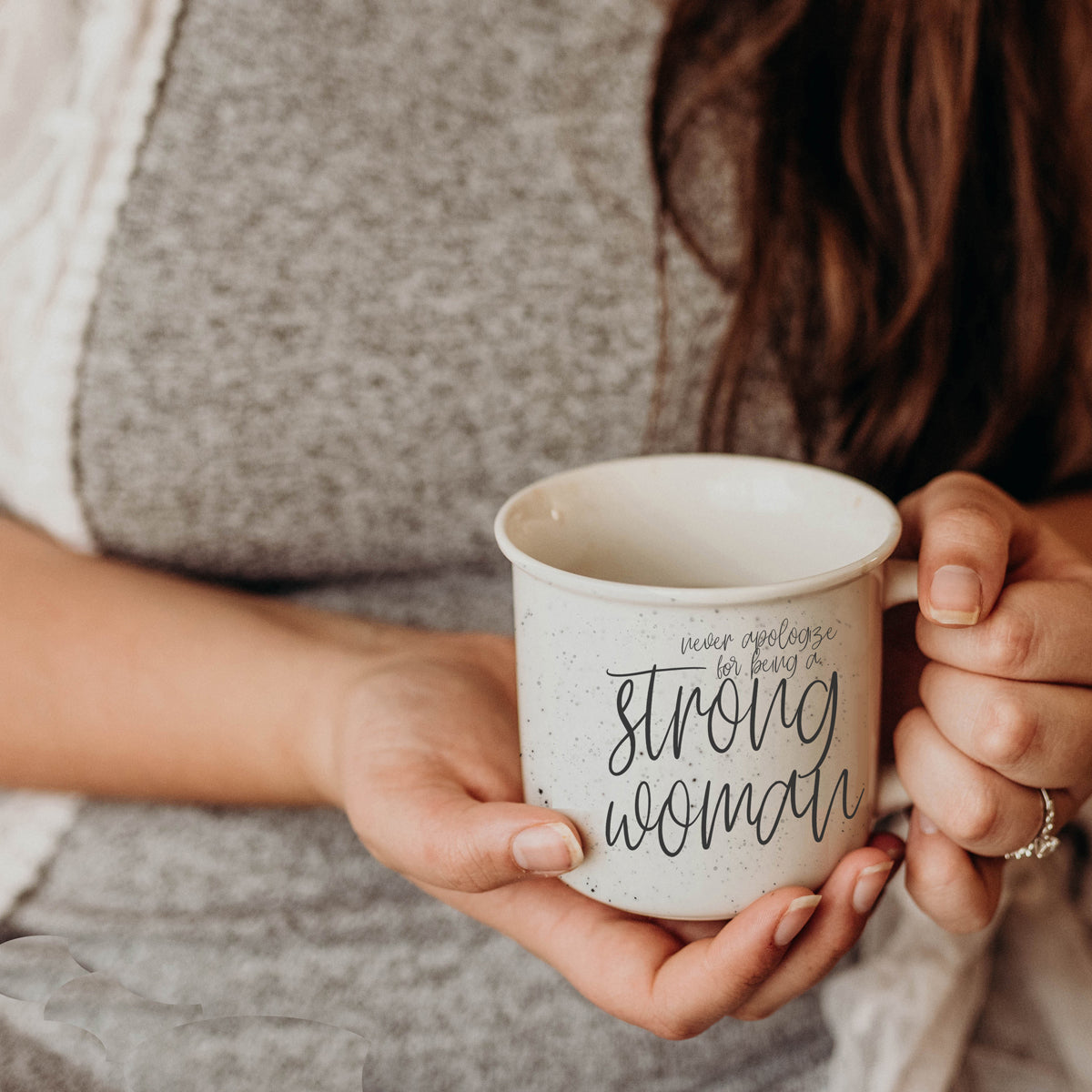 Strong Woman 14.5oz ceramic campfire mug with white sesame glaze and black lettering, designed for strong women.