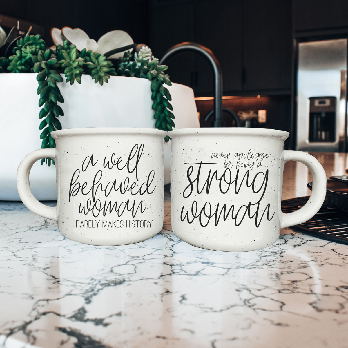 Strong Woman 14.5oz ceramic campfire mug with white sesame glaze and black lettering, designed for strong women.