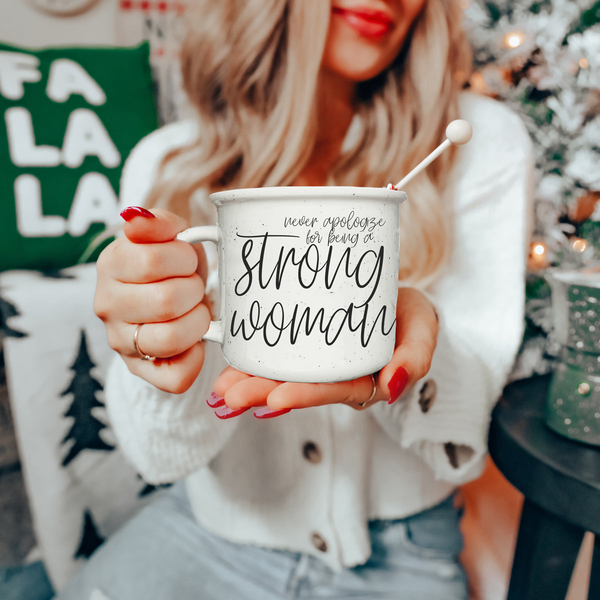 Strong Woman 14.5oz ceramic campfire mug with white sesame glaze and black lettering, designed for strong women.