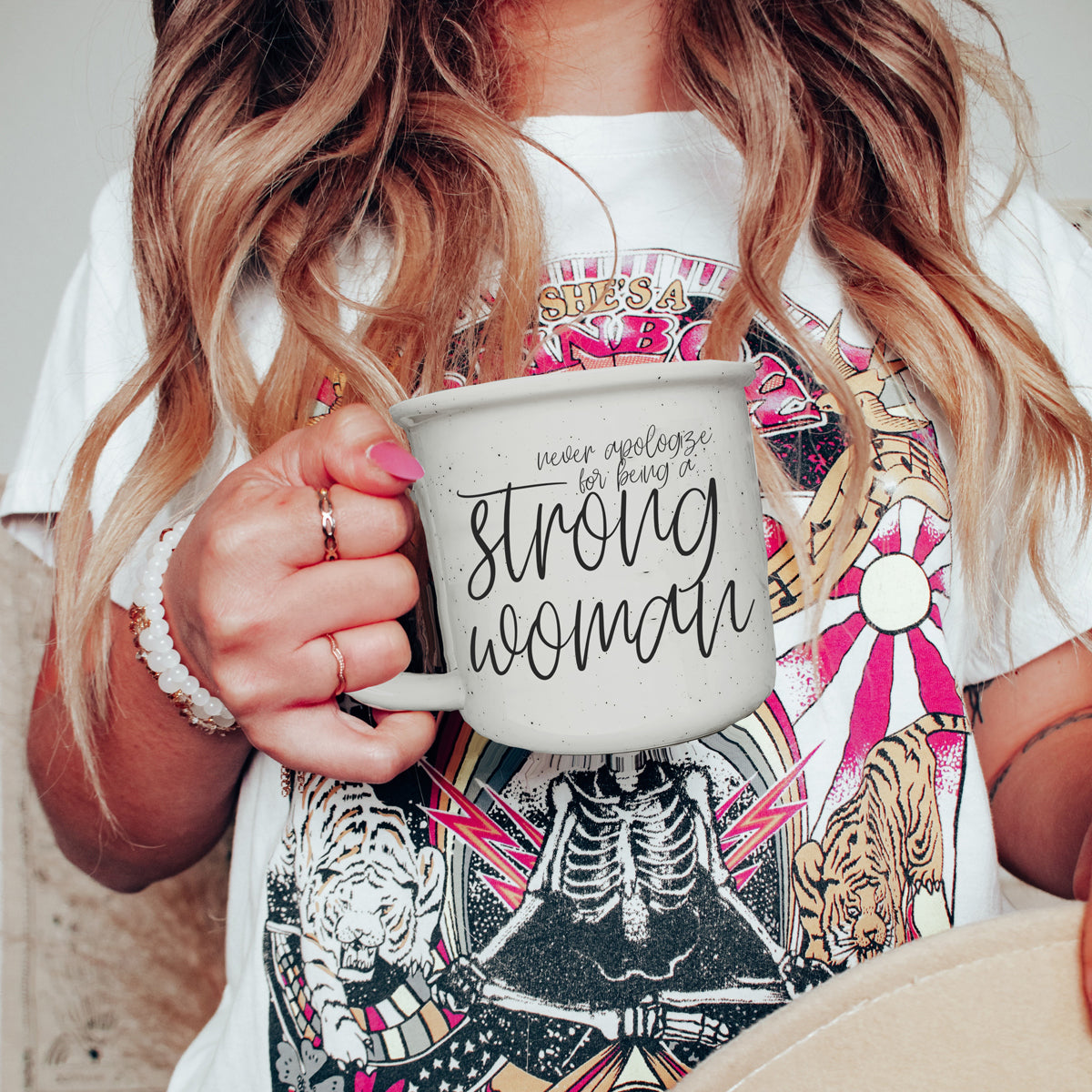 Strong Woman 14.5oz ceramic campfire mug with white sesame glaze and black lettering, designed for strong women.