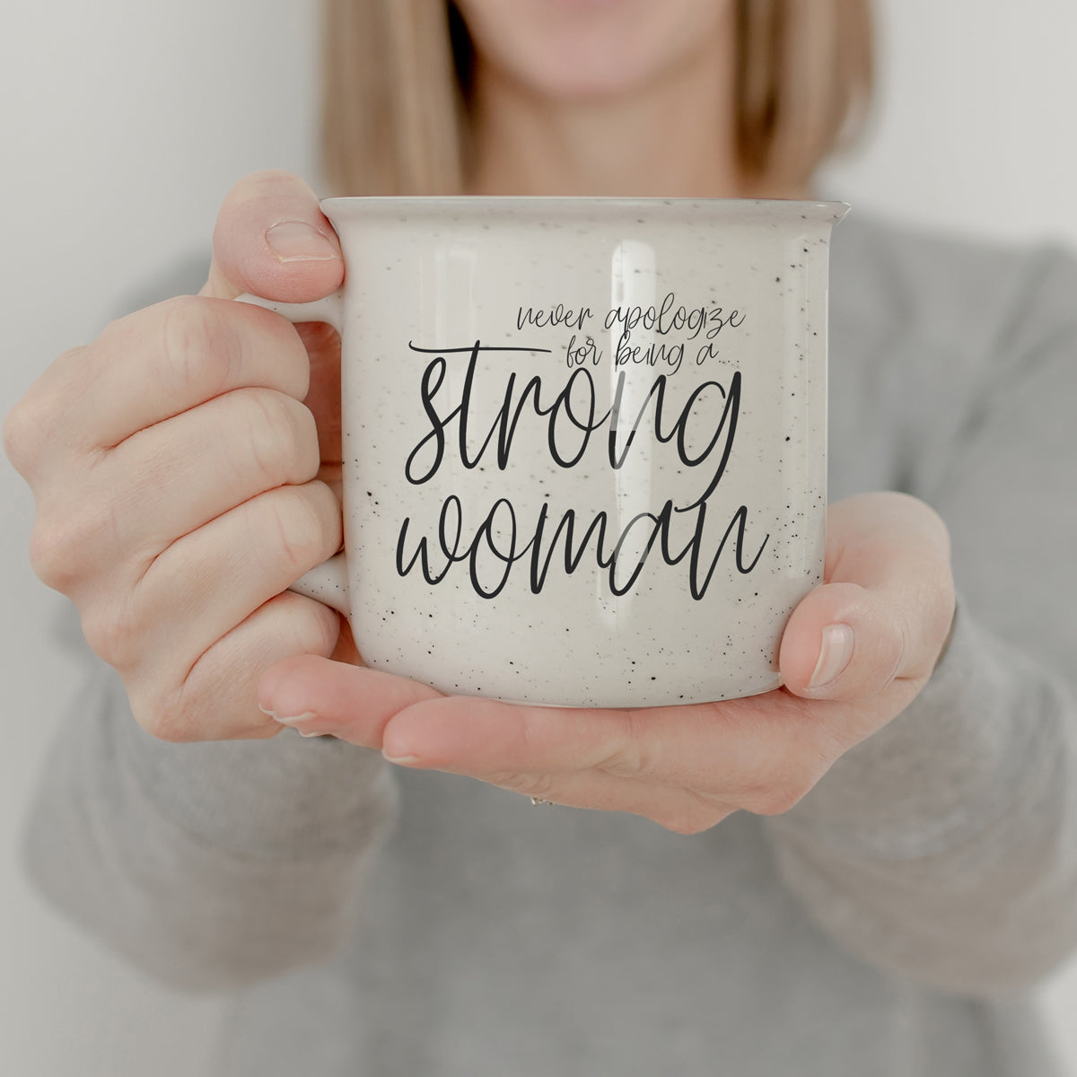 Strong Woman 14.5oz ceramic campfire mug with white sesame glaze and black lettering, designed for strong women.