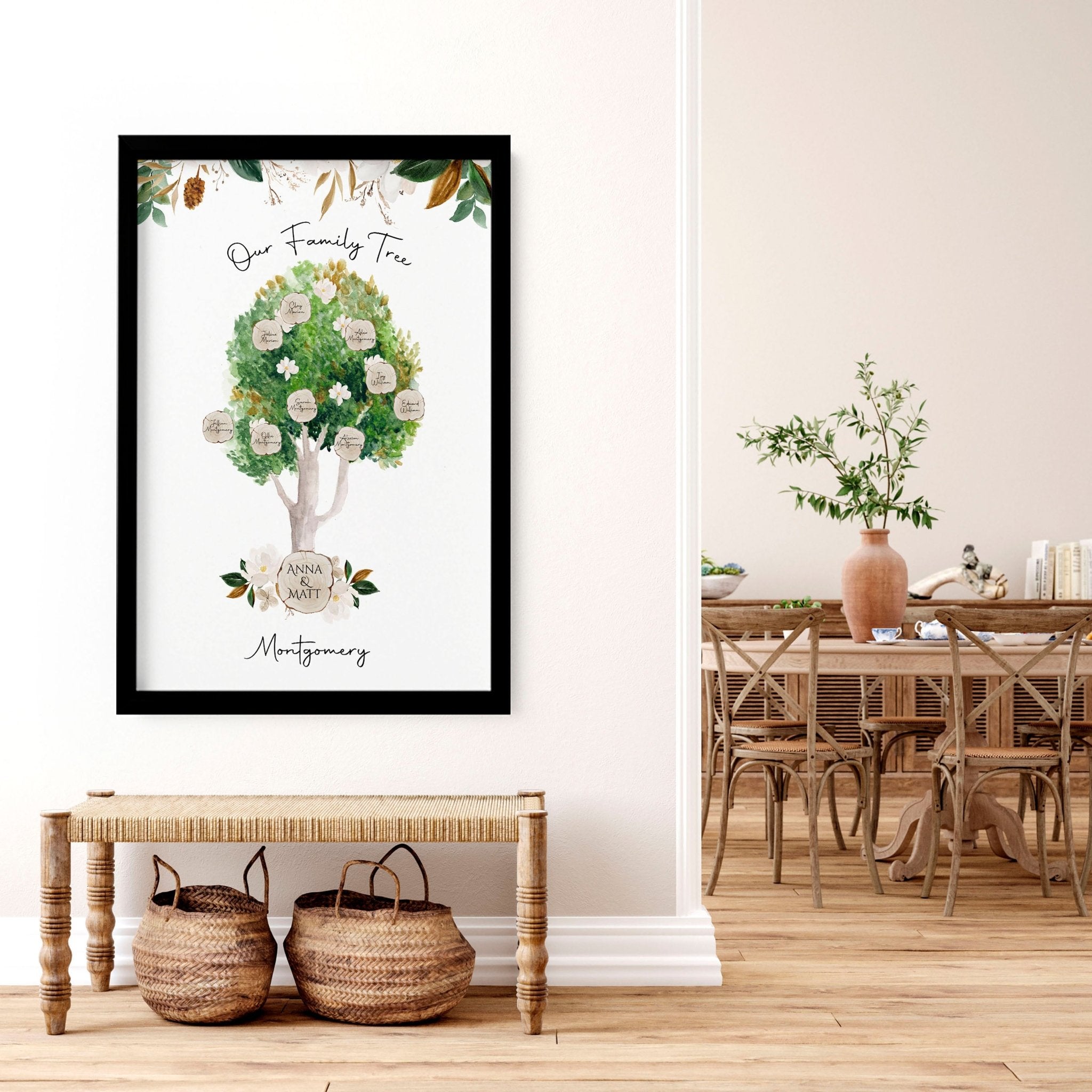 Personalised family tree wall art print featuring a watercolour design with spaces for family member names, ideal for home decor.