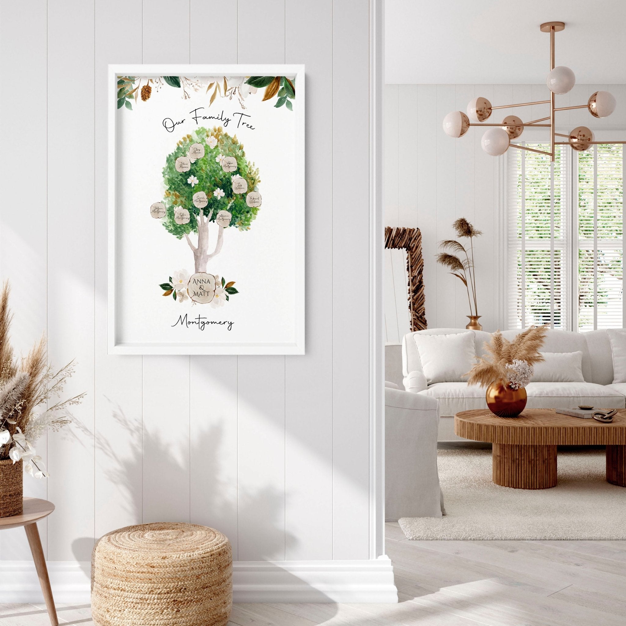 Personalised family tree wall art print featuring a watercolour design with spaces for family member names, ideal for home decor.